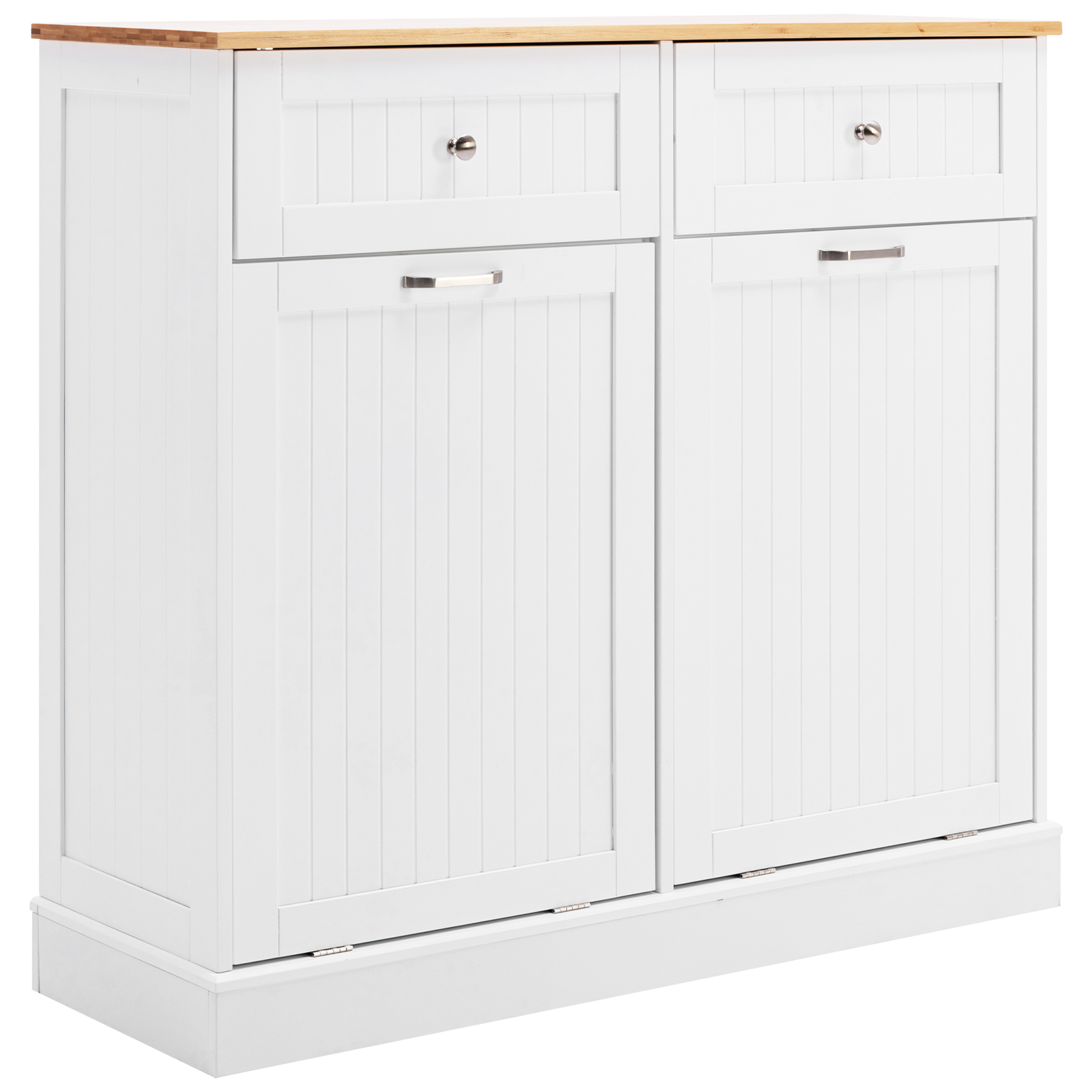 Kitchen Double Trash Cabinet Tilt Out Free Standing Storage Can, Wood Garbage Recycling Station Hideaway Trash Holder Drawers