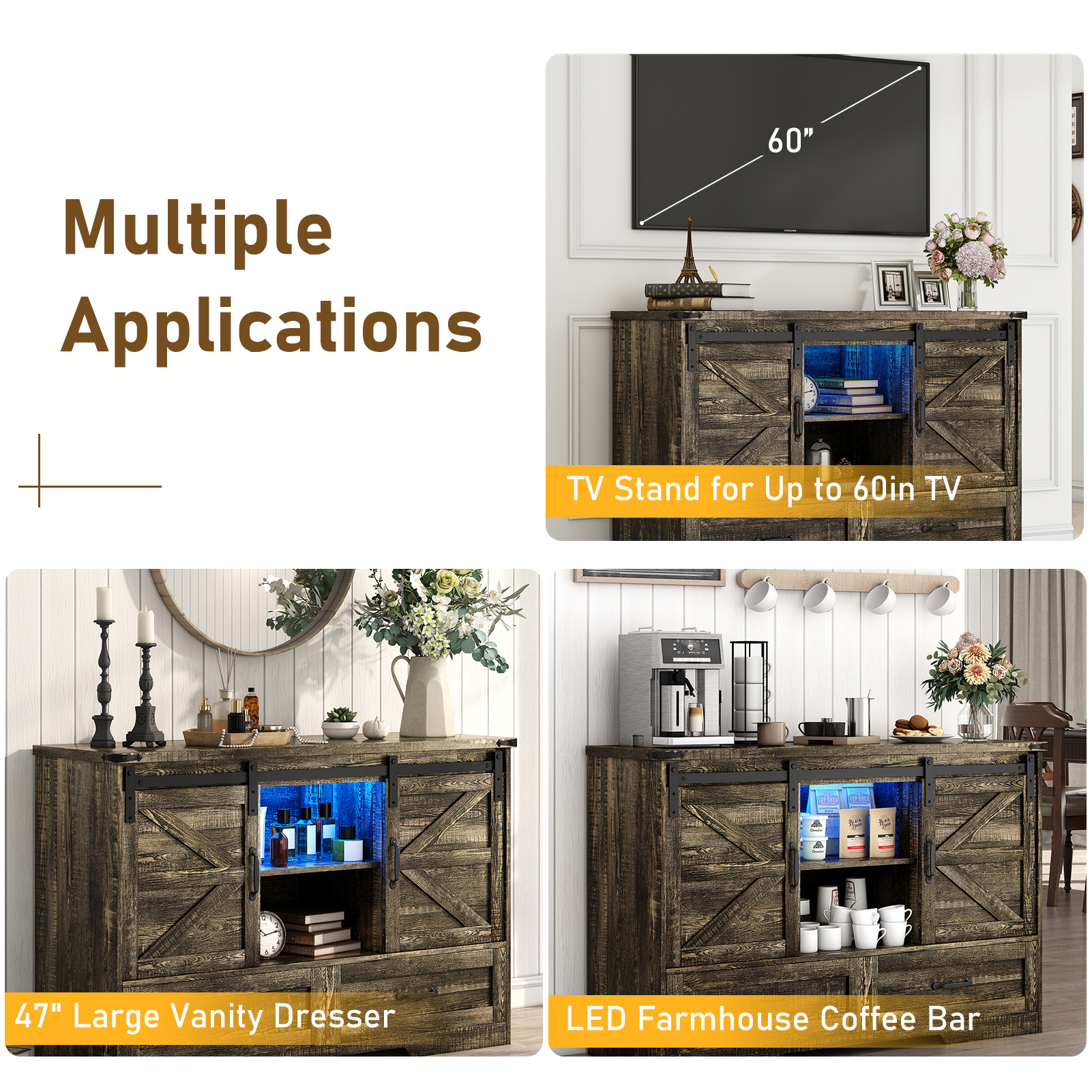 ChVans 47'' Farmhouse Dresser with LED Light & Power Outlet, 2 Drawers, 2 Sliding Doors, 2 Storage layers, Rustic Dresser TV Stand for 60in TV, Wood Storage Cabinet for Bedroom, Living Room, Hallway