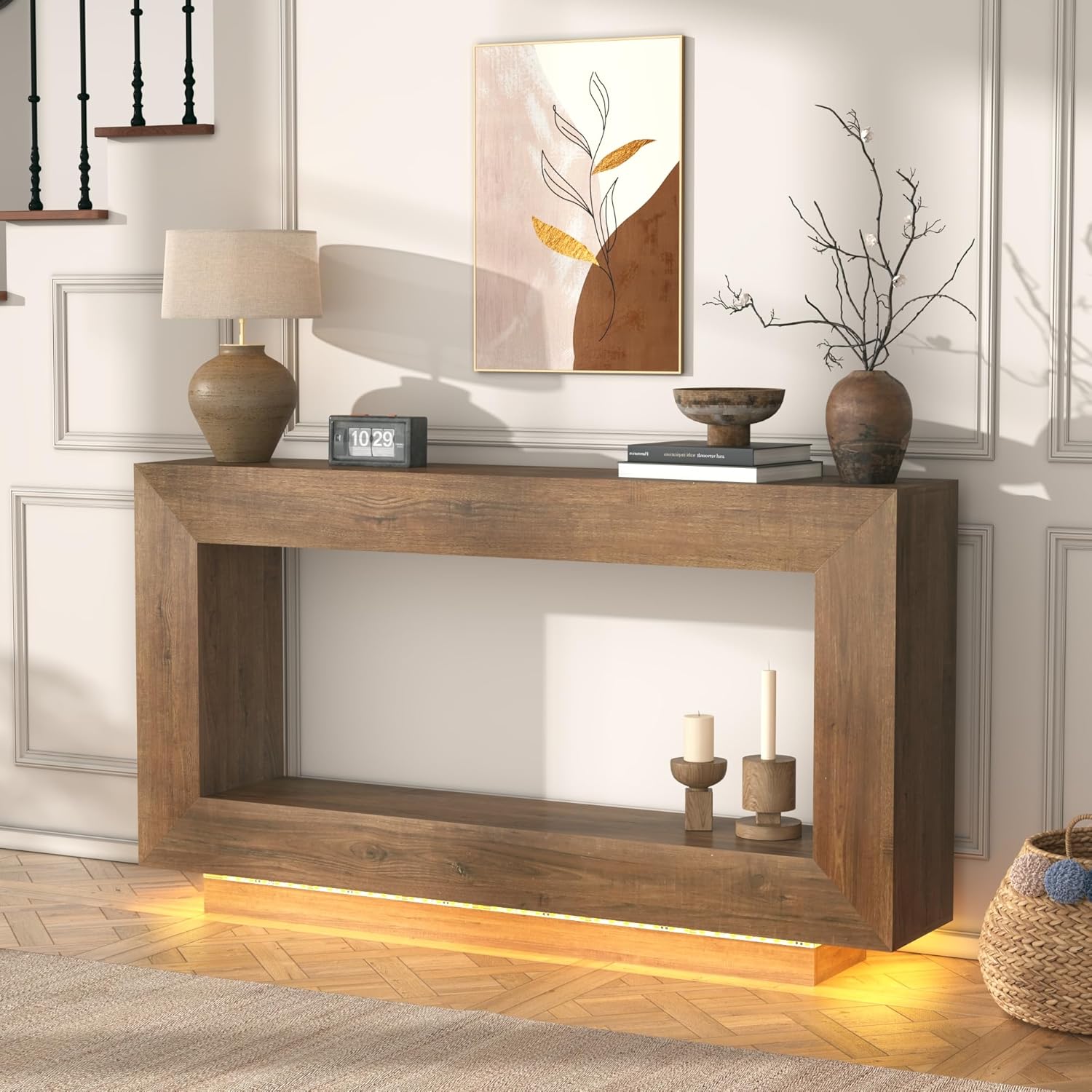 63" Long Farmhouse Console Table, Wood Entryway Accent Table with Storage & LED Lights, Floating Design for Living Room, Entrance, Hallway, Foyer