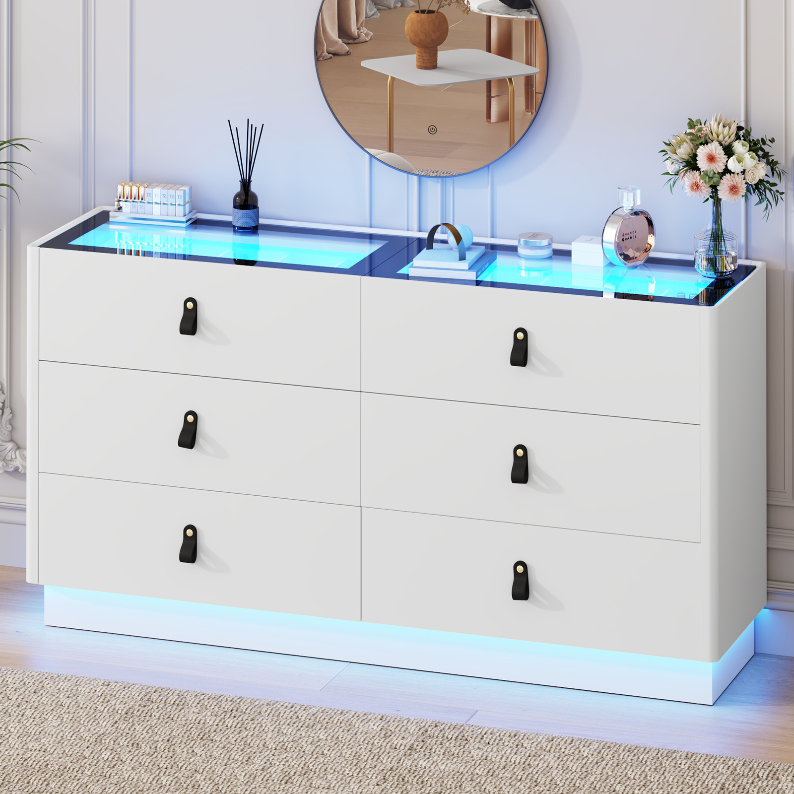ChVans 59" Large LED Dresser with Glass Top, Jewelry Closet Island, 6 Drawer Dresser for Bedroom, Long Modern Chest of Drawers, Wide Drawer Organizer Cabinet