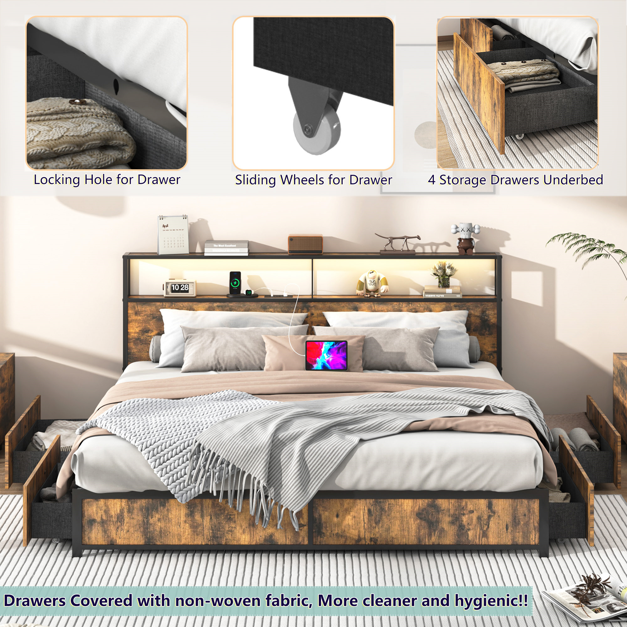 LED Bed Frame with Outlets USB Ports, Metal Platform Bed with Storage Headboard & 4 Large Drawers, No Box Spring Needed