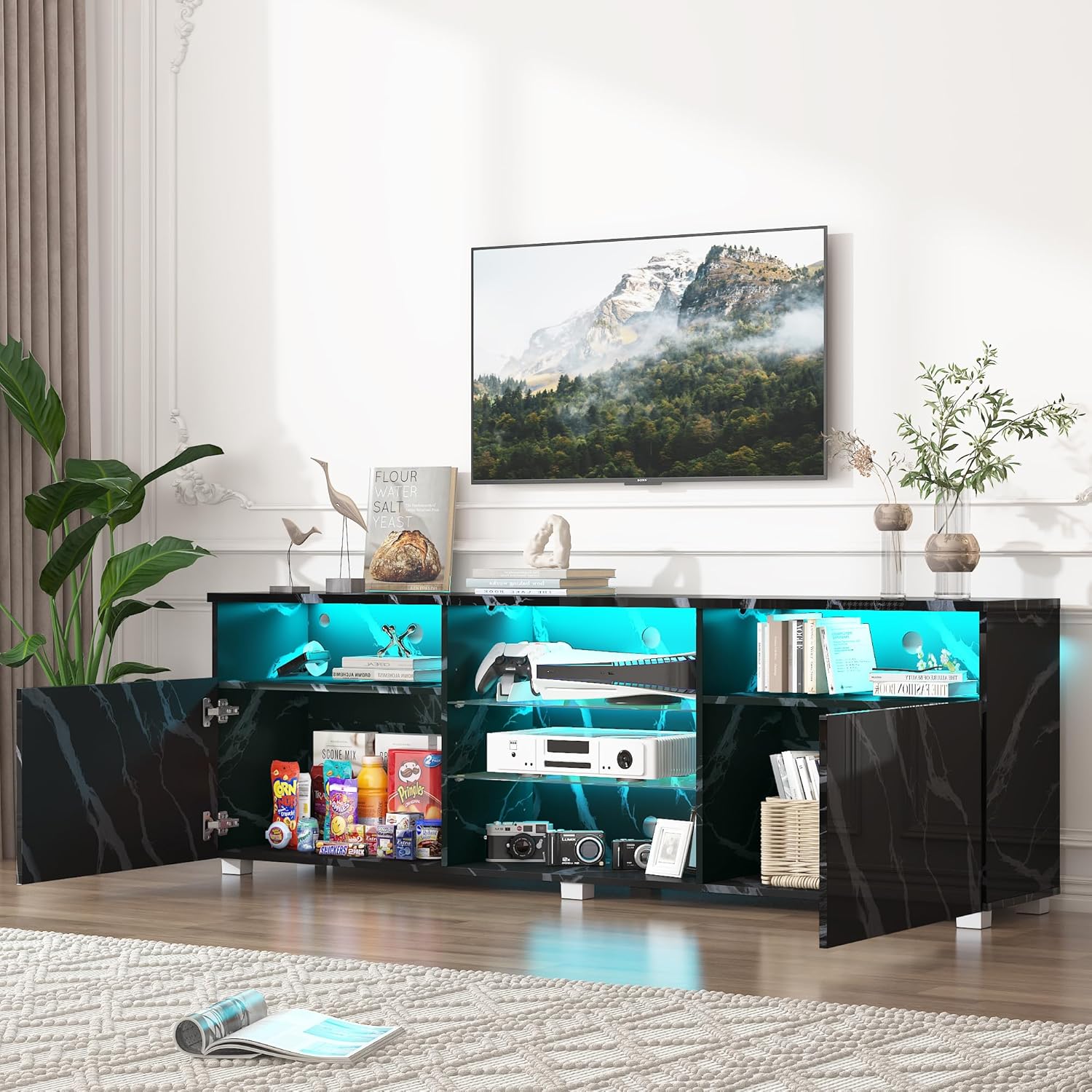 ANPOO LED TV Stand for 70/75/80 inch TV, High Glossy Entertainment Center with Drawer and Led Lights, Media Console for Living Game Room Bedroom