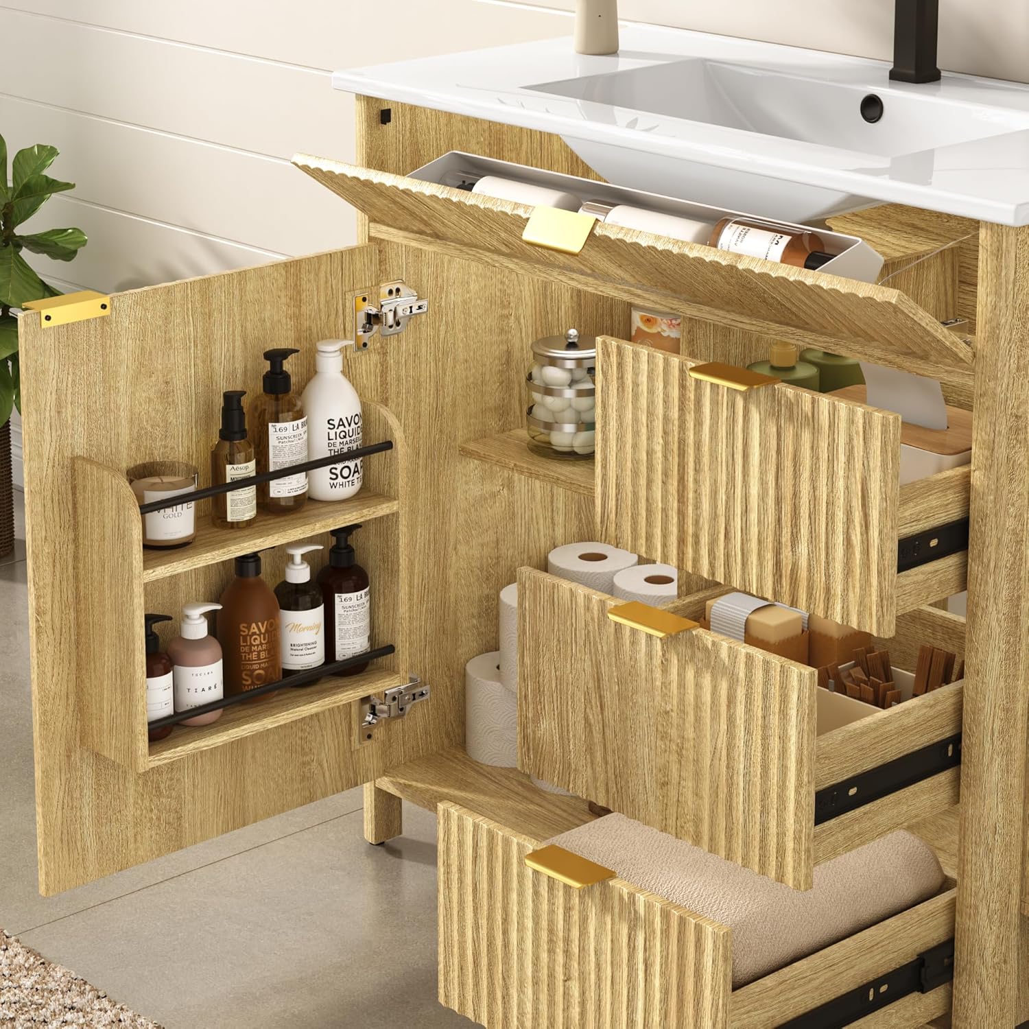 ANPOO 36" Bathroom Vanity with Sink & Faucet & Sewer Pipes, Mid-Century Modern Vanity with Ceramic Basin and Fluted Soft-Close Doors, Freestanding Bath Storage Vanity Sink Combo Set