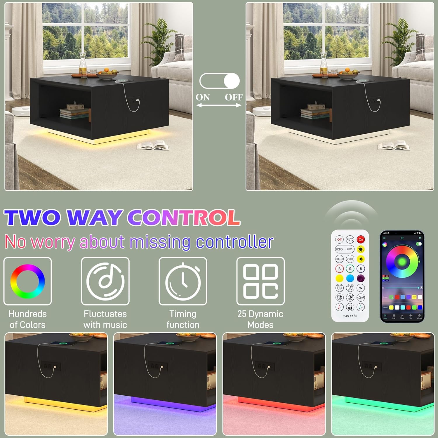 ANPOO 32" Mid Century Modern Square Coffee Table with LED Light & Power Outlet, 2-Tier Wood Cocktail Table with Storage for Living Room