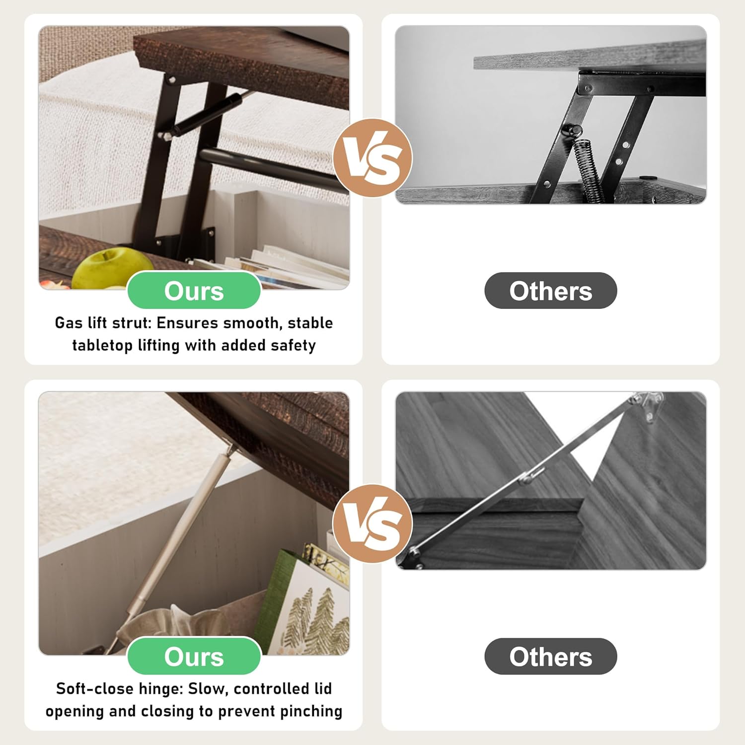 ANPOO Farmhouse Lift Top Coffee Table with Hidden Large Storage, 35.8 Inch Fluted Wood Square Center Table for Living Room, Bedroom, Home Office