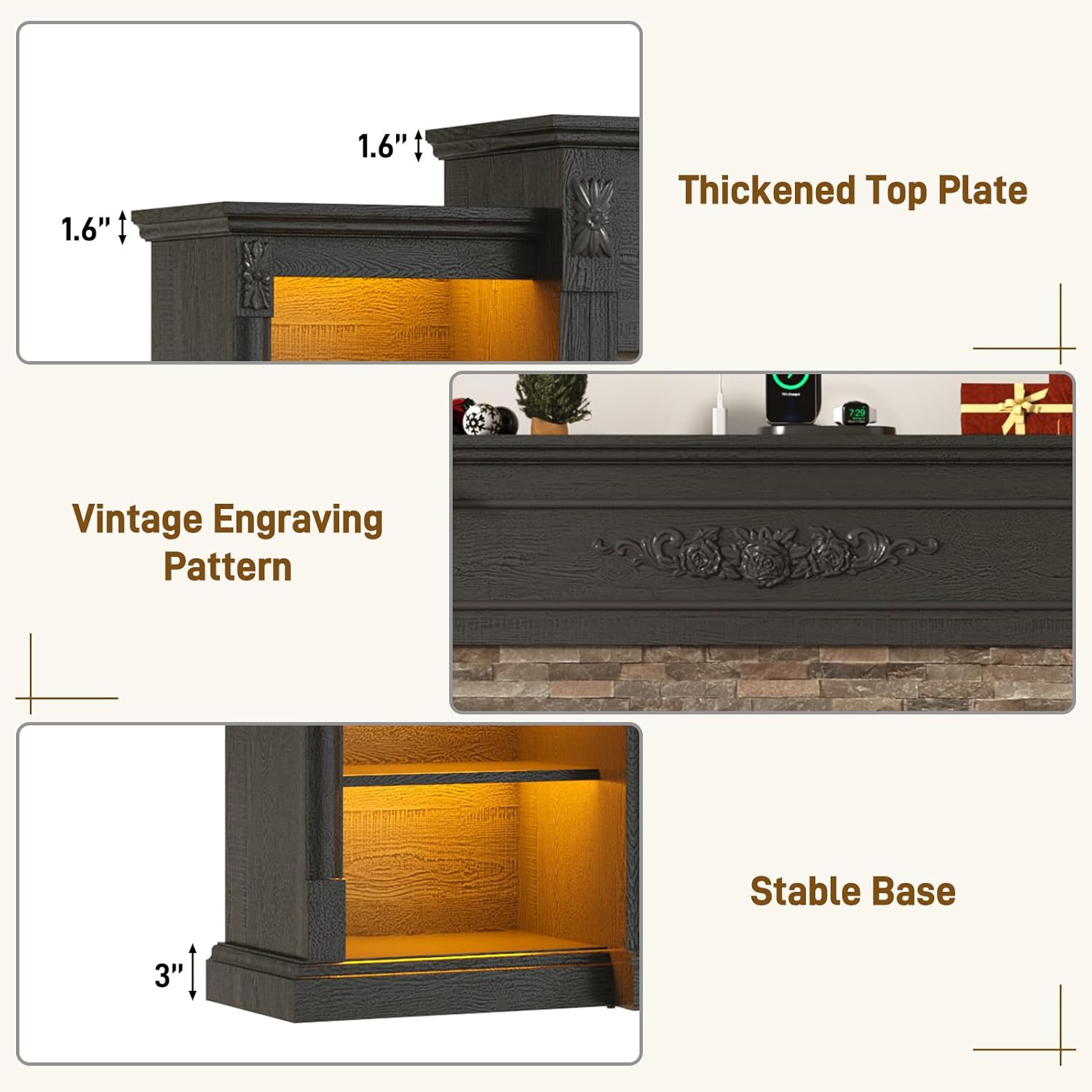 ANPOO 85" Electric Fireplace with Mantel, Fireplace TV Stand with 36" Fireplace for TVs Up to 95 Inch, 37.6" Tall Farmhouse Entertainment Center with LED Lights & Charging Station, Carved Decoration