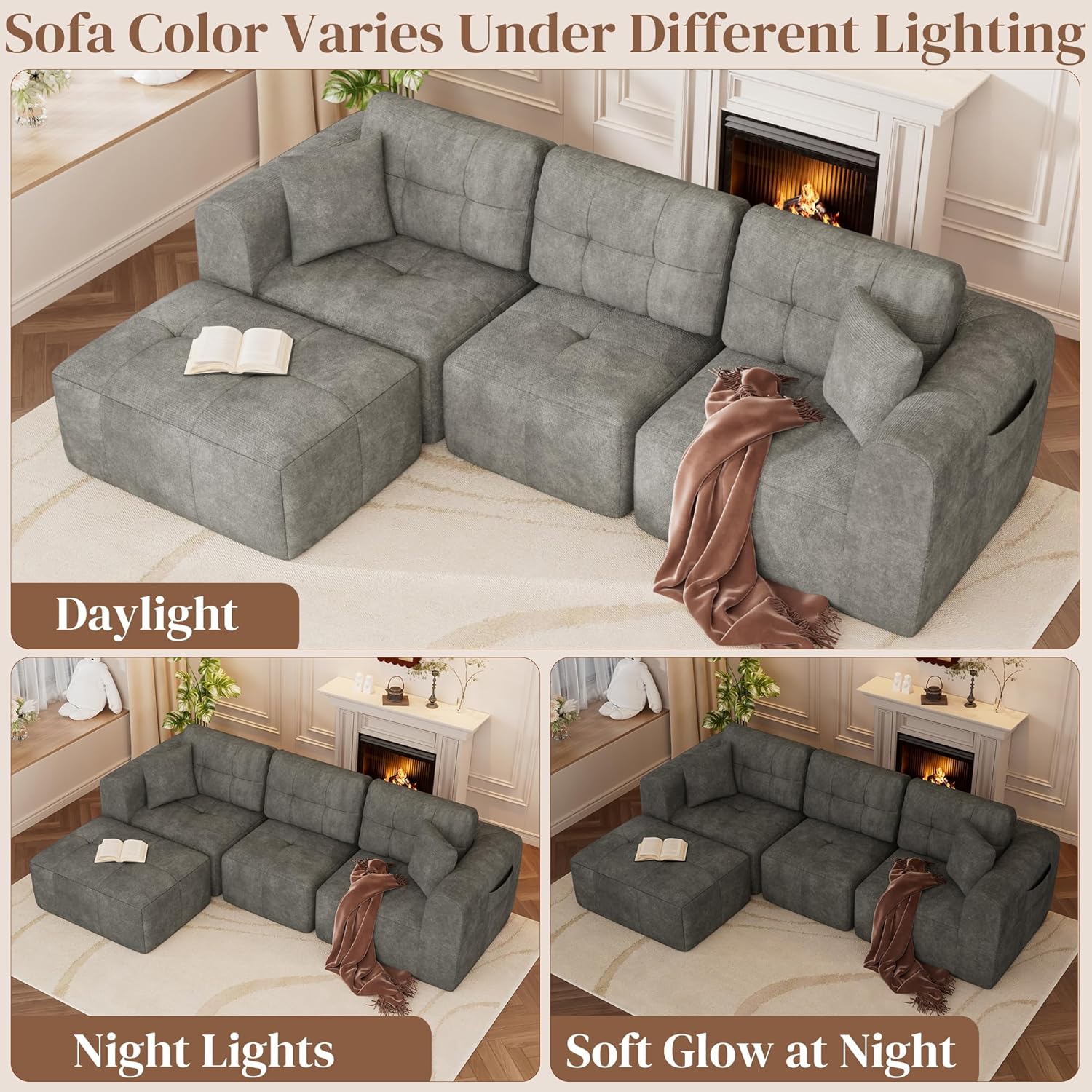 ChVans 110" L-Shaped Sectional Sofa with Convertible Left/Right Ottoman, Boneless Sofa with Oversized Chaise & Layered Cushion, Upholstered Couches for Living Room Bedroom, No Assembly