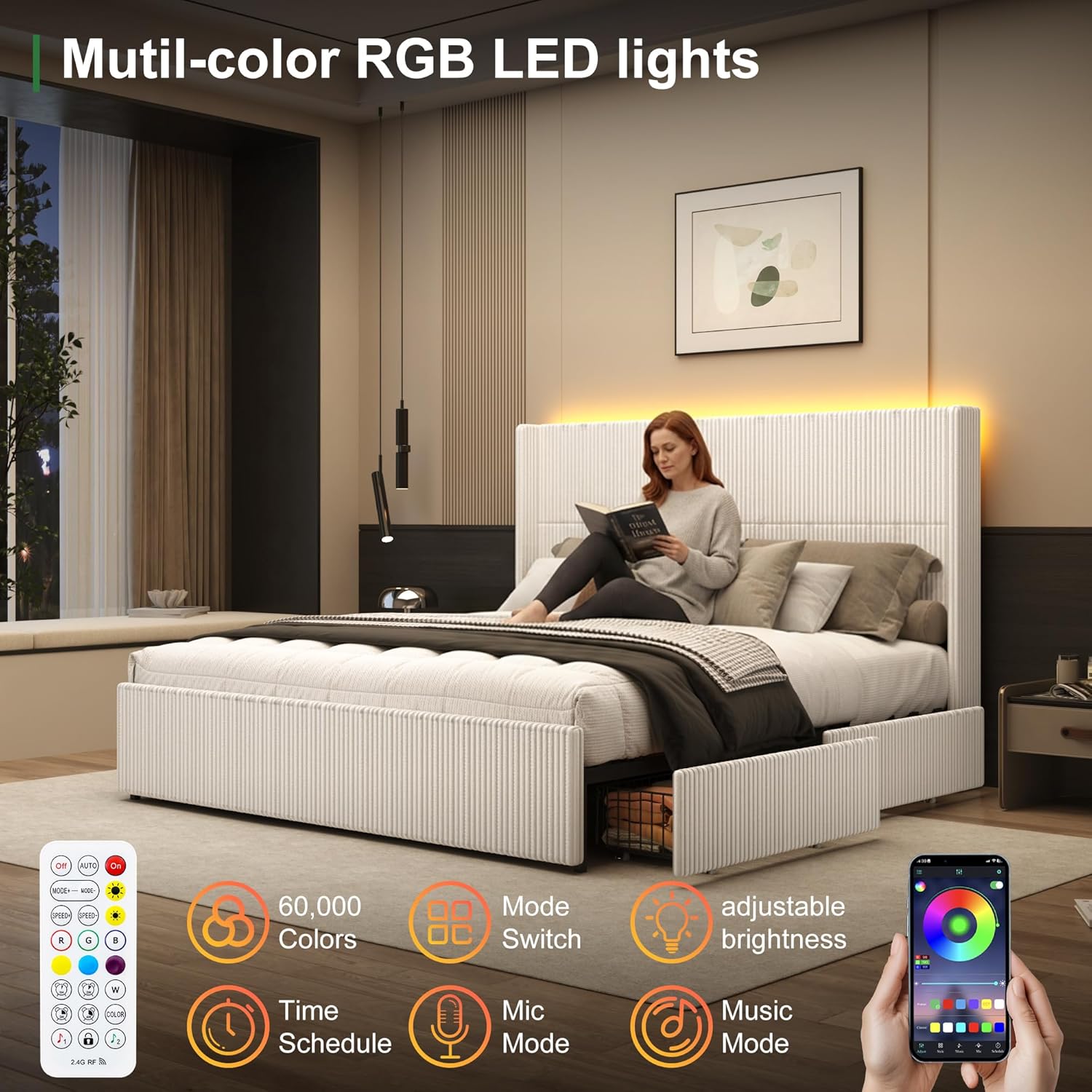 ChVans King Size LED Upholstered Bed Frame with Drawer, Wingback Platform Bed with 52" Headboard, Noise-Free Corduroy Bed No Box Spring Required