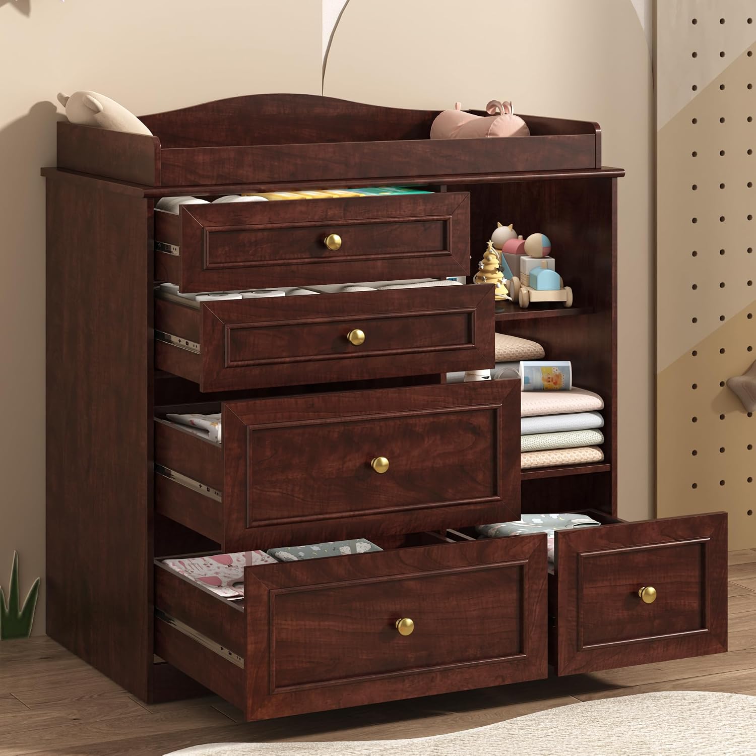 ChVans Changing Table Dresser, Baby Classic Nursery Dresser with 5 Drawers & Open Storage Shelves, Convertible Nursery Dresser Chest of Drawers