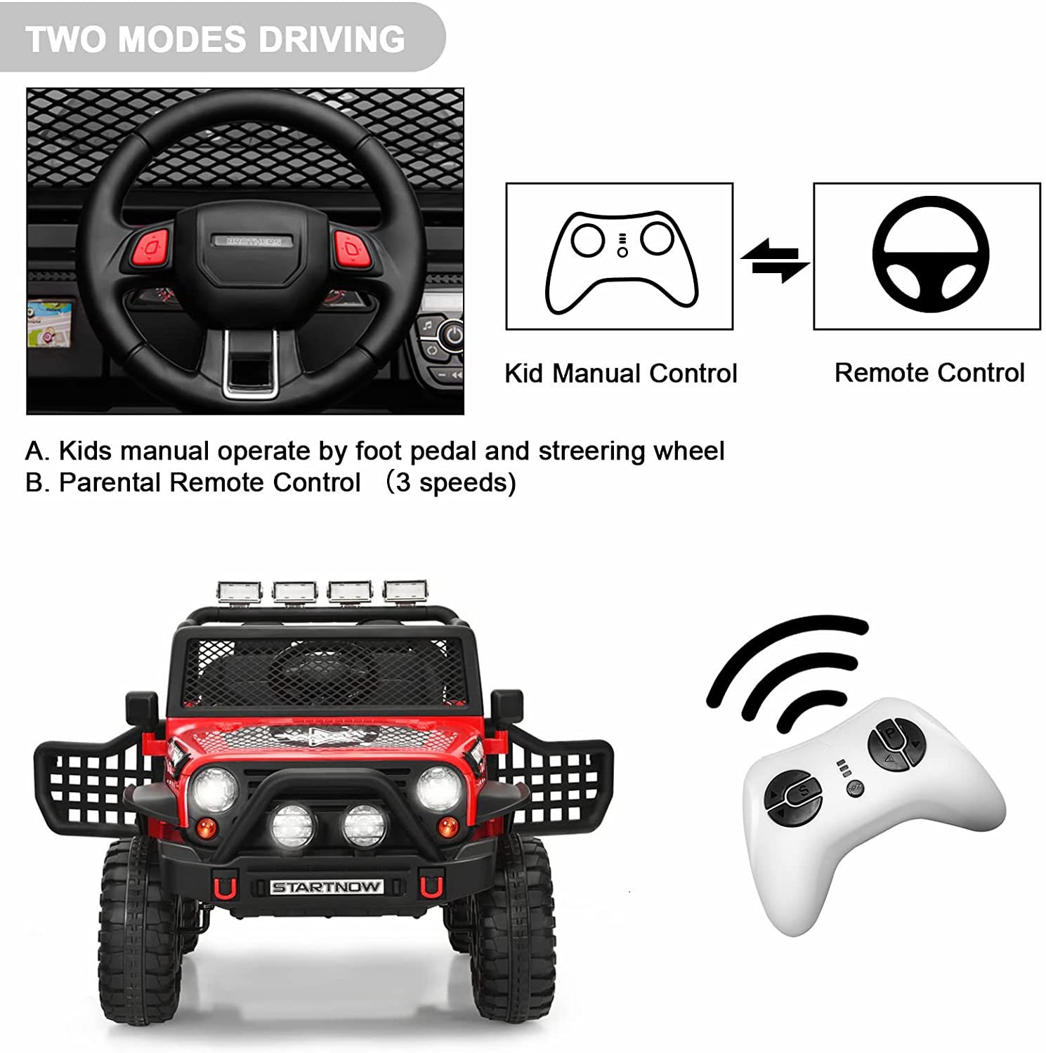 12 V Kids Ride On Truck, 2-Seater Battery Powered Toy Car w/ Remote Control, Spring Suspension, Bluetooth, LED Lights