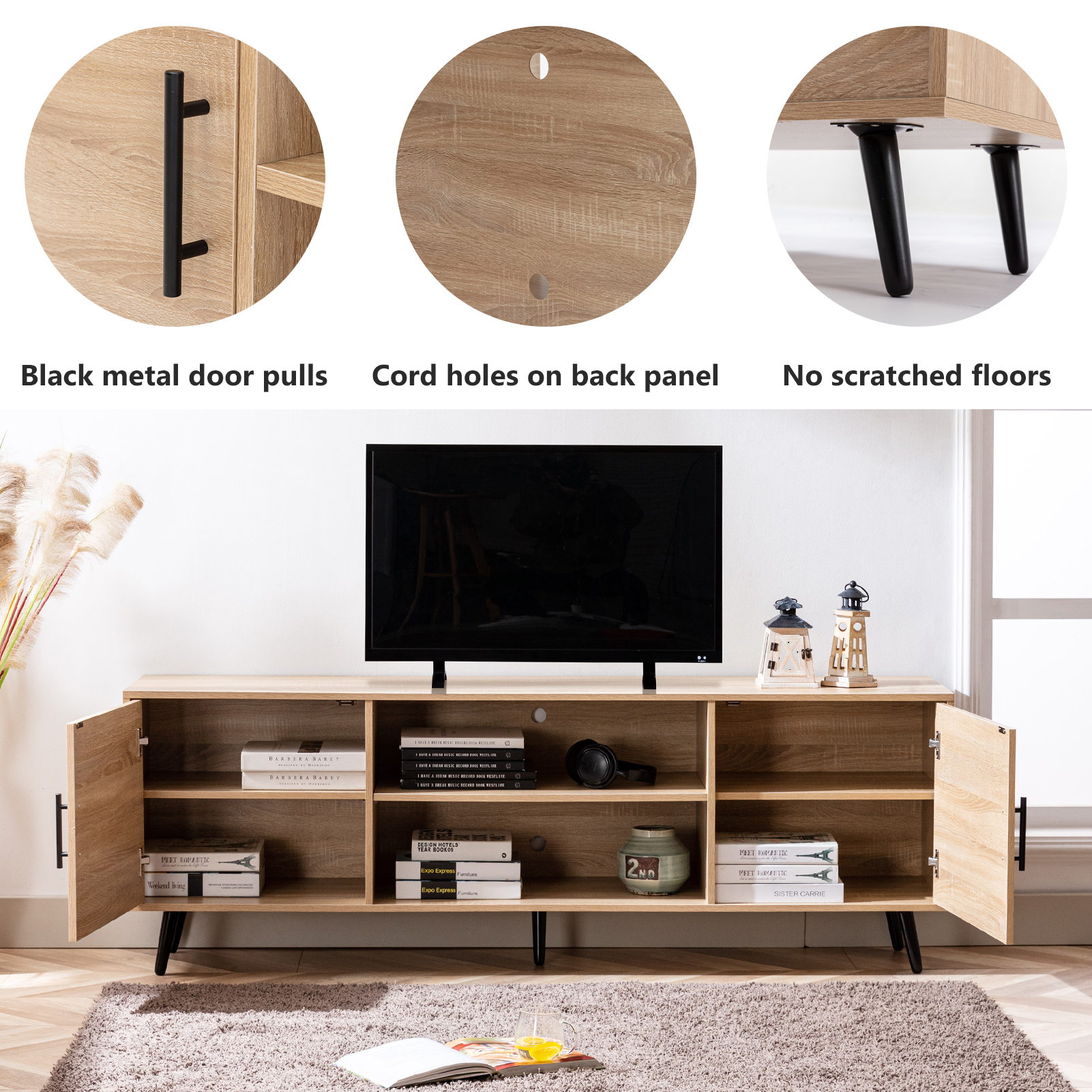 ChVans 70 Inch Mid Century Modern TV Stand for TVs up to 75 inches, Wood TV Stand with Storage, Entertainment Center for Living Room Bedroom, TV Media Console