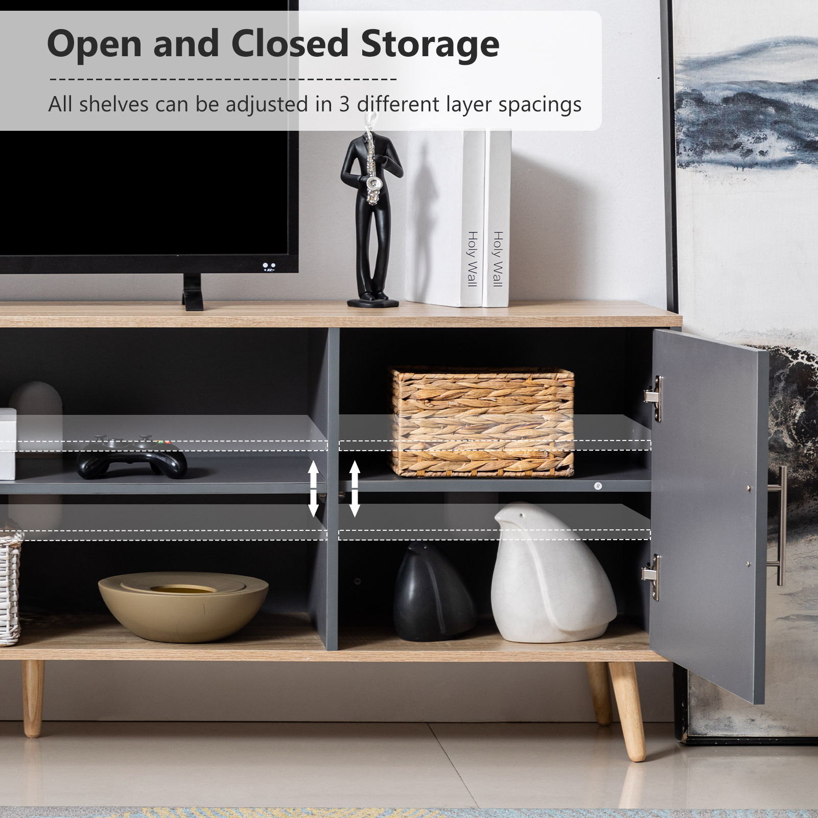 ChVans 70 Inch Mid Century Modern TV Stand for TVs up to 75 inches, Wood TV Stand with Storage, Entertainment Center for Living Room Bedroom, TV Media Console