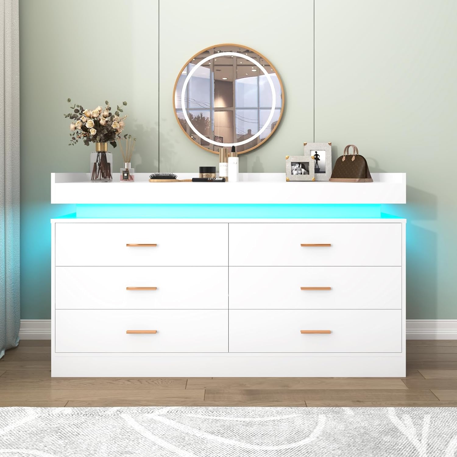 White Dresser with LED Light, Modern Wood Dresser with Wide Drawers and Metal Handles, 6 drawer dresser for Bedroom, Living Room, Entryway, Hallway
