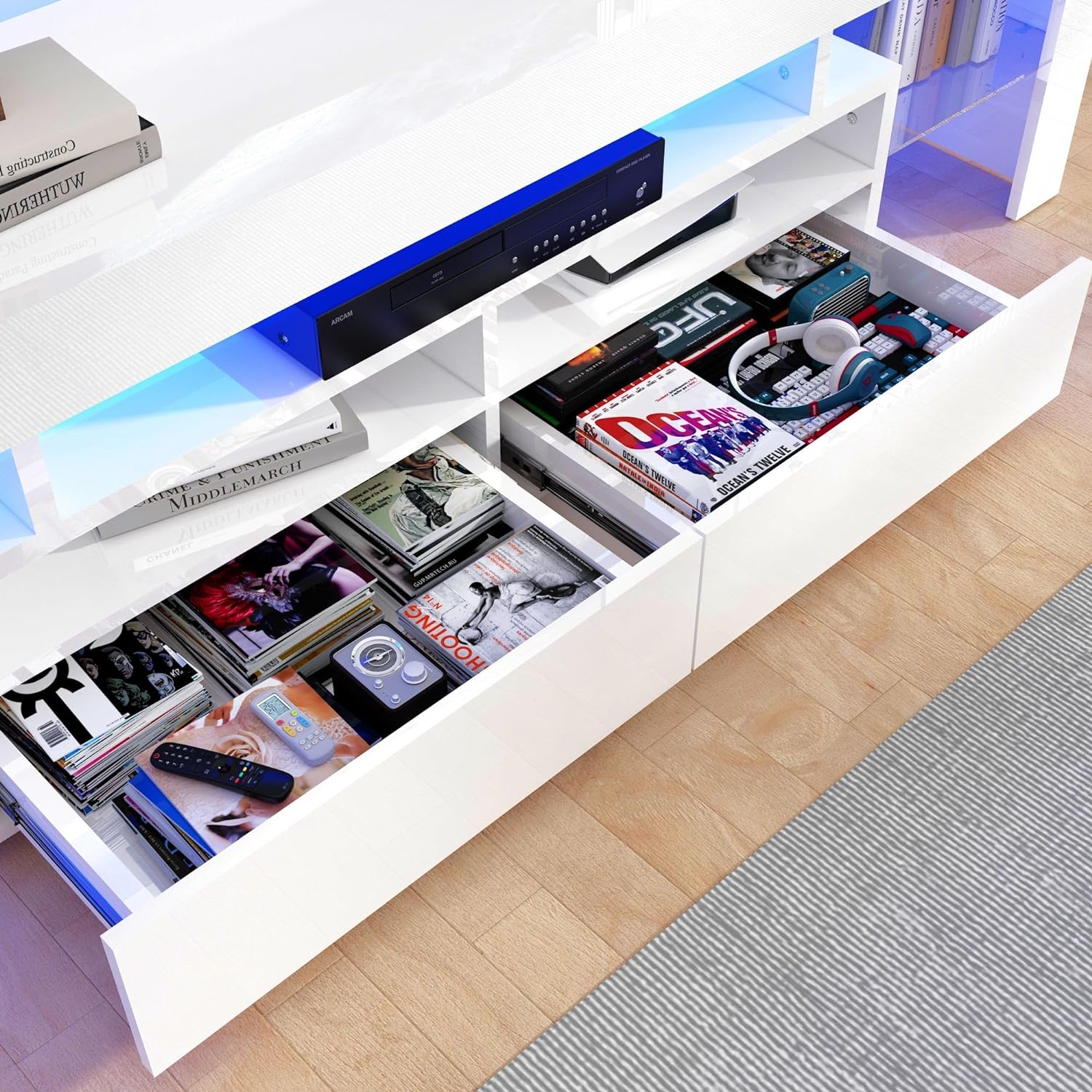 ChVans LED TV Stand for 65/75/85 inch TV, High Glossy Modern Entertainment Center with Drawer and LED Lights