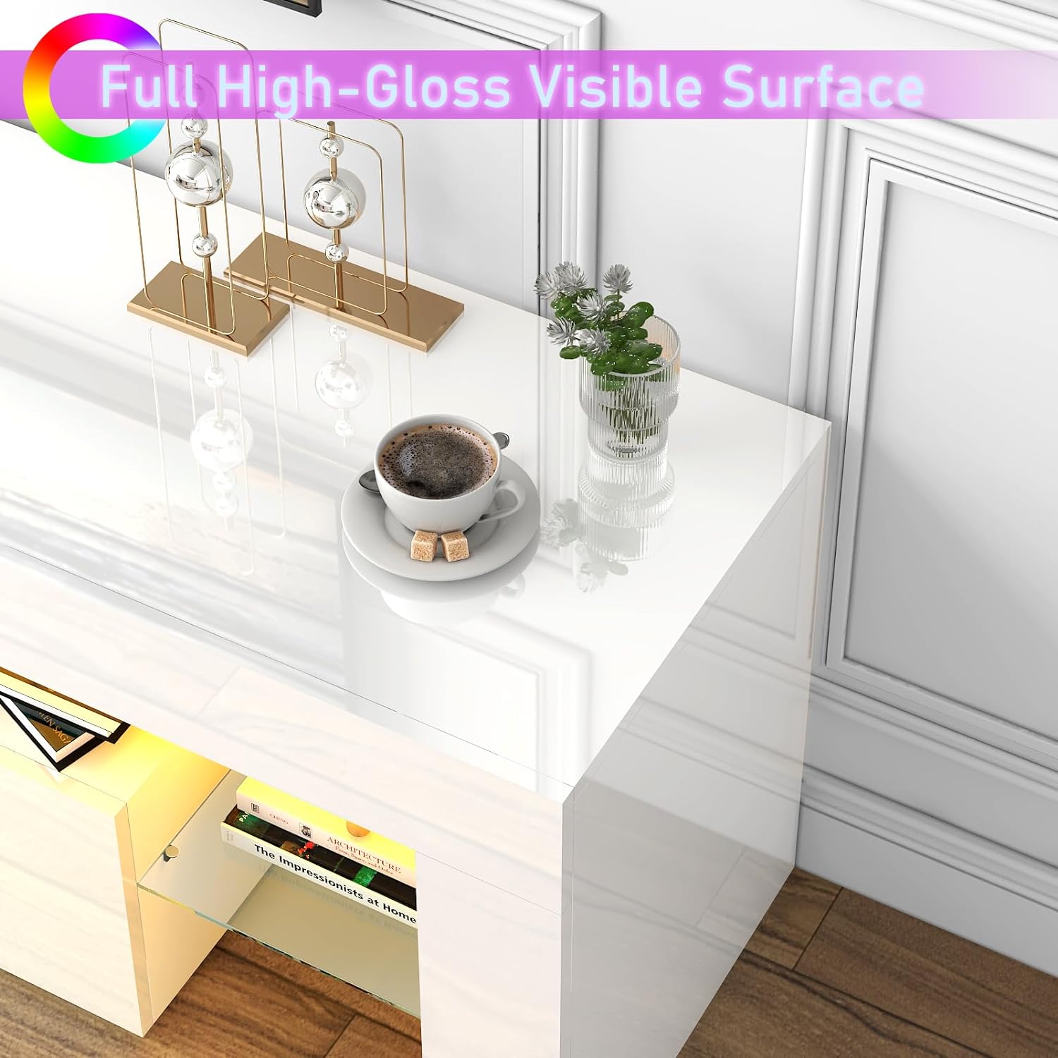 ChVans LED TV Stand for 65/75/85 inch TV, High Glossy Modern Entertainment Center with Drawer and LED Lights