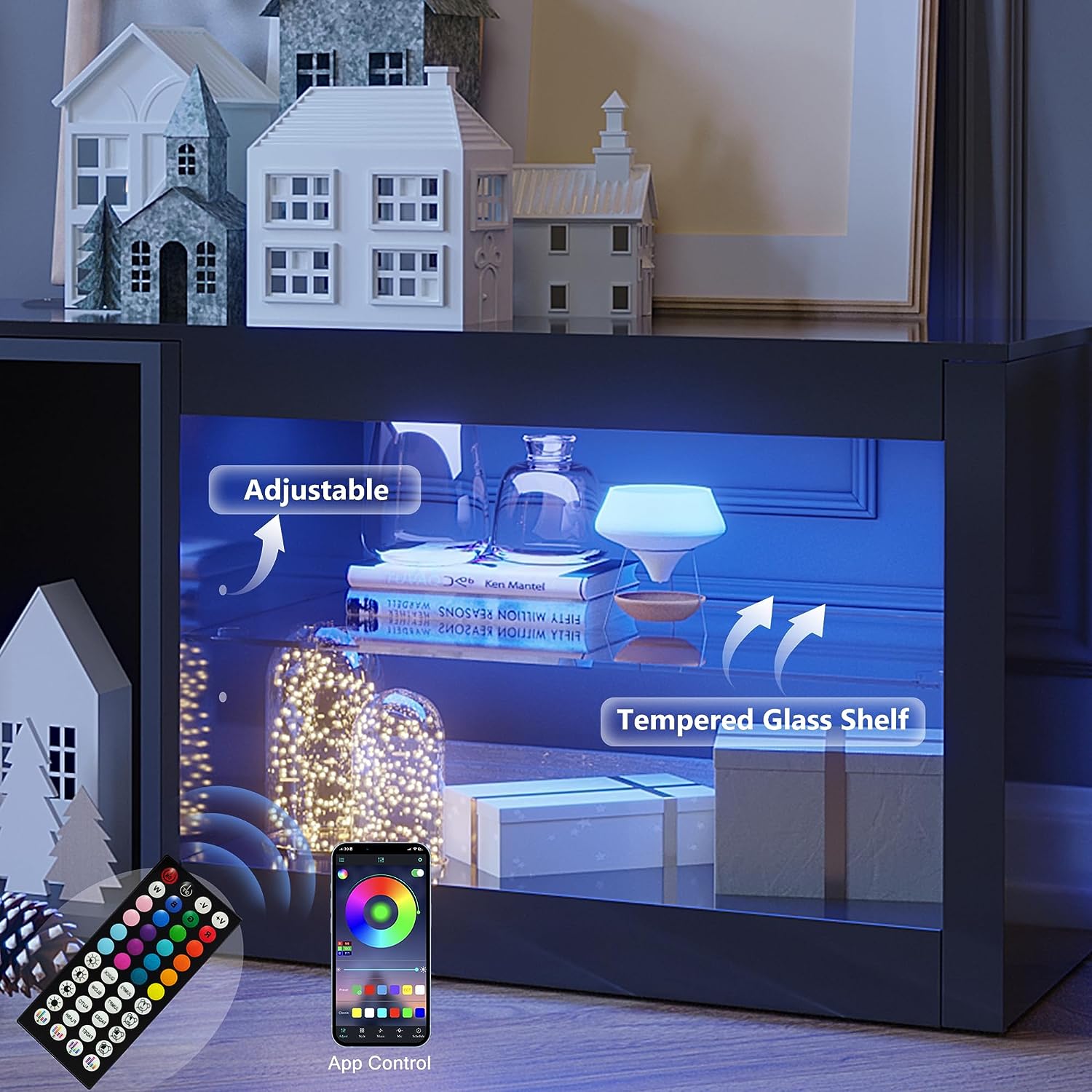 ChVans Modern LED TV Stand for TVs up to 70" with Adjustable LED Lights/Outlet, High Gloss Entertainment Center with Open Shelves Storage, Media Console TV Stands for Living Room, Game room, Bedroom