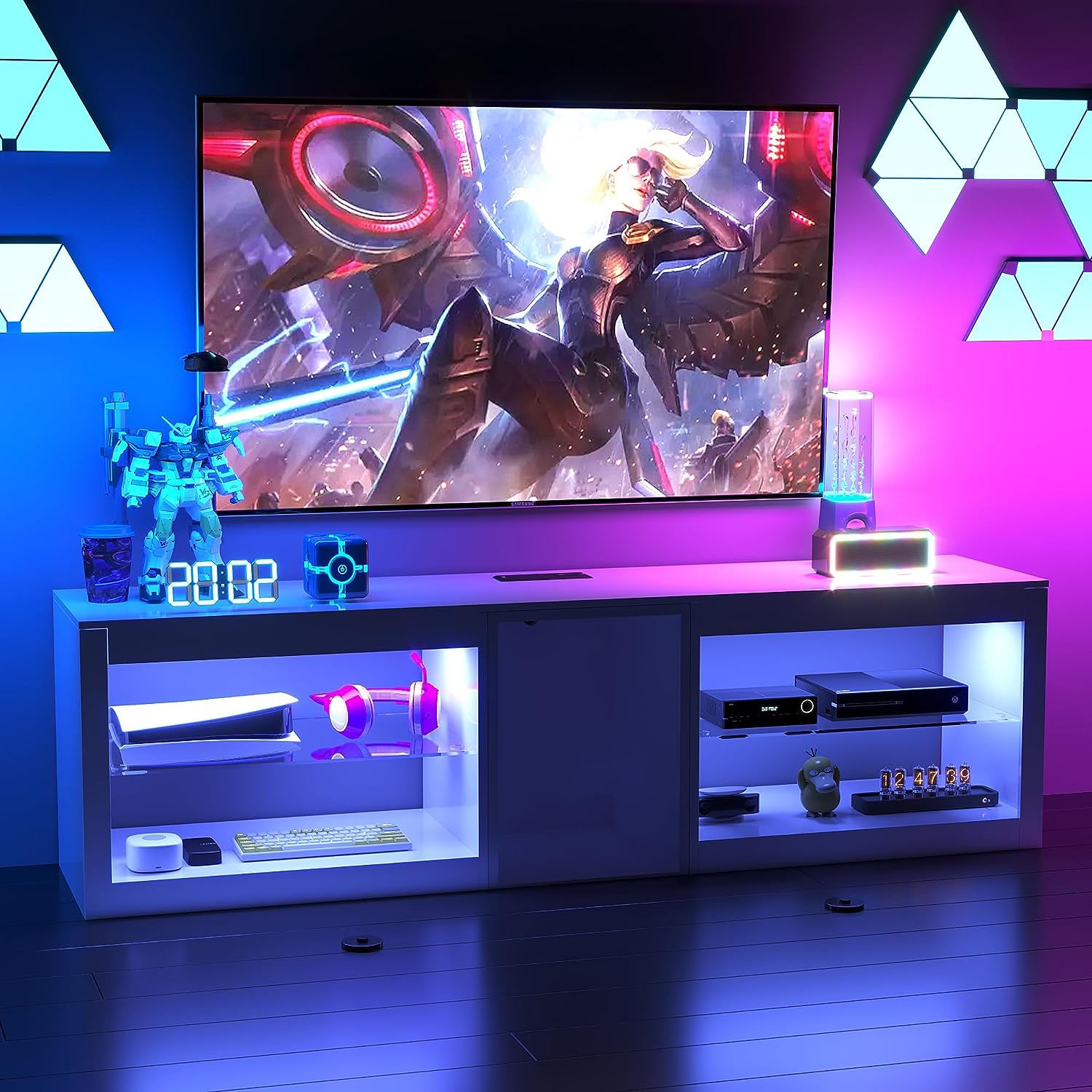 ChVans Modern LED TV Stand for TVs up to 70" with Adjustable LED Lights/Outlet, High Gloss Entertainment Center with Open Shelves Storage, Media Console TV Stands for Living Room, Game room, Bedroom