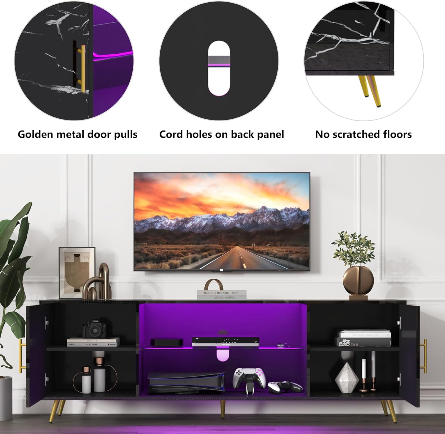 ChVans TV Stand for 80 inch TV with LED Lights, High Gloss Entertainment Center Media Console with Large Storage, LED TV Stand for Living Room, Bedroom(Marble Black)