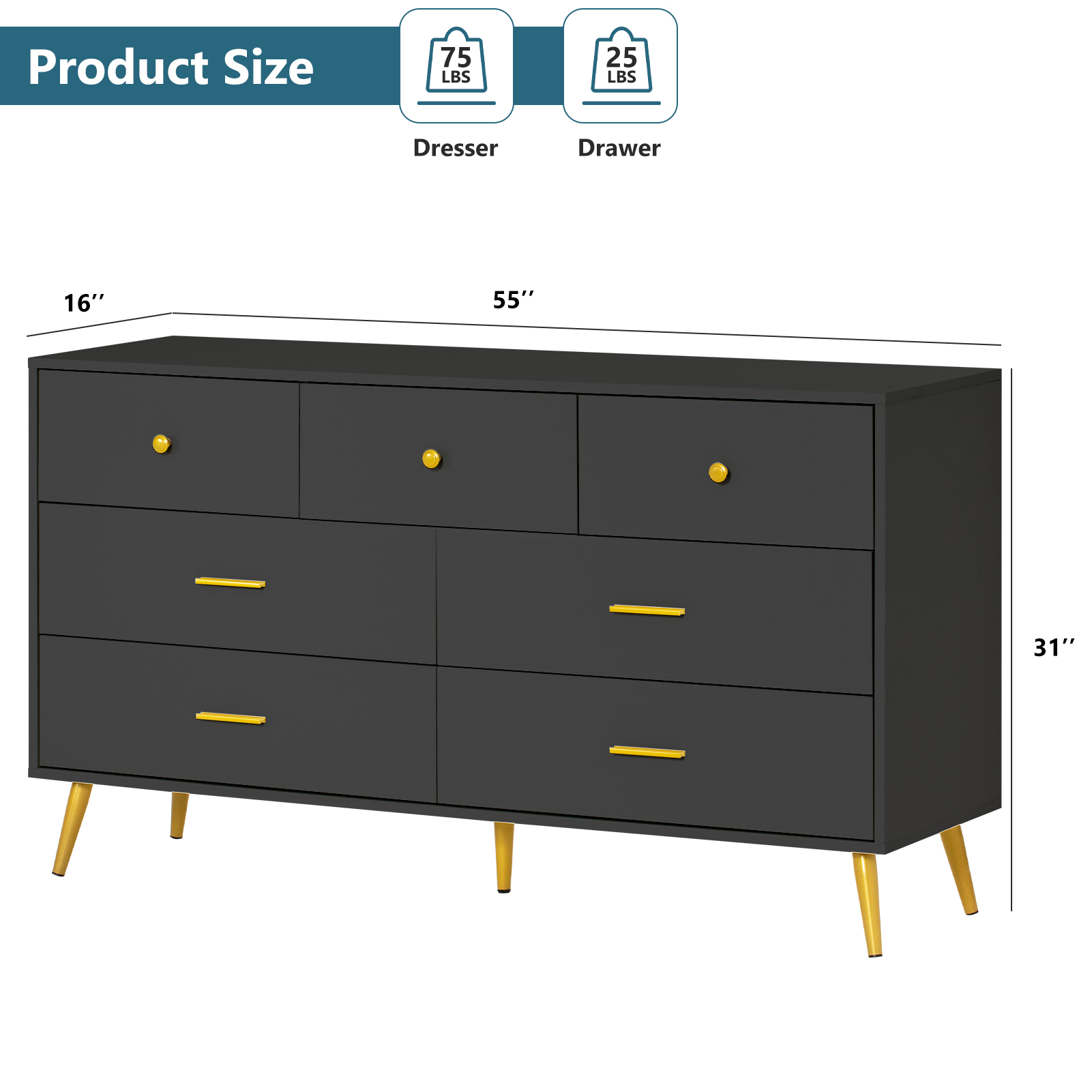 6 Drawer Dresser for Bedroom, Modern Wood Dresser with Wide Drawers and Metal Handles, Storage Chest of Drawers for Living Room Hallway Entryway