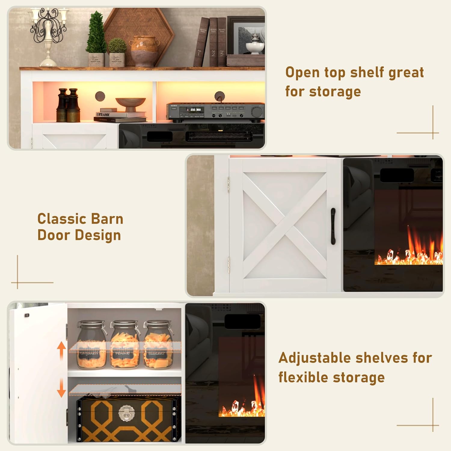 Fireplace TV Stand for 70/75/80 Inch TV with 36" Electric Fireplace, 70" Farmhouse Entertainment Center with LED Lights, Tall Media Console with Barn Door for Living Room, Bedroom