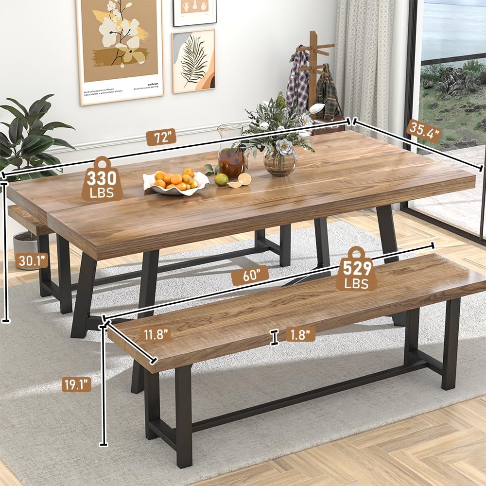 ChVans 60in Farmhouse Solid Wood Dining Bench for 2 3 4 Person, Kitchen Table Bench with Strong Metal Legs(Brown-60IN Solid Wood Bench)