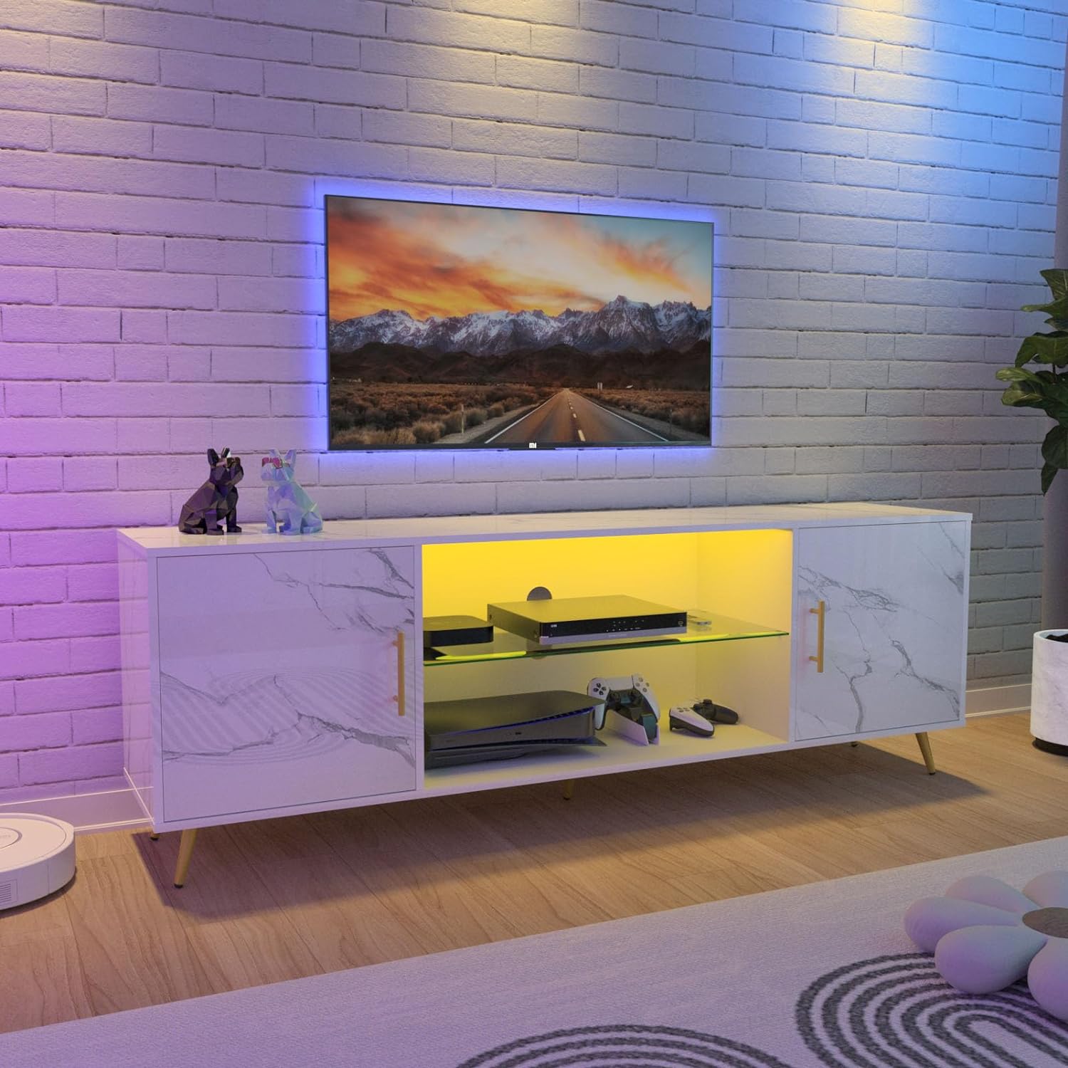 ChVans TV Stand for 80 inch TV with LED Lights, High Gloss Entertainment Center Media Console with Large Storage, LED TV Stand for Living Room, Bedroom(Marble Black)