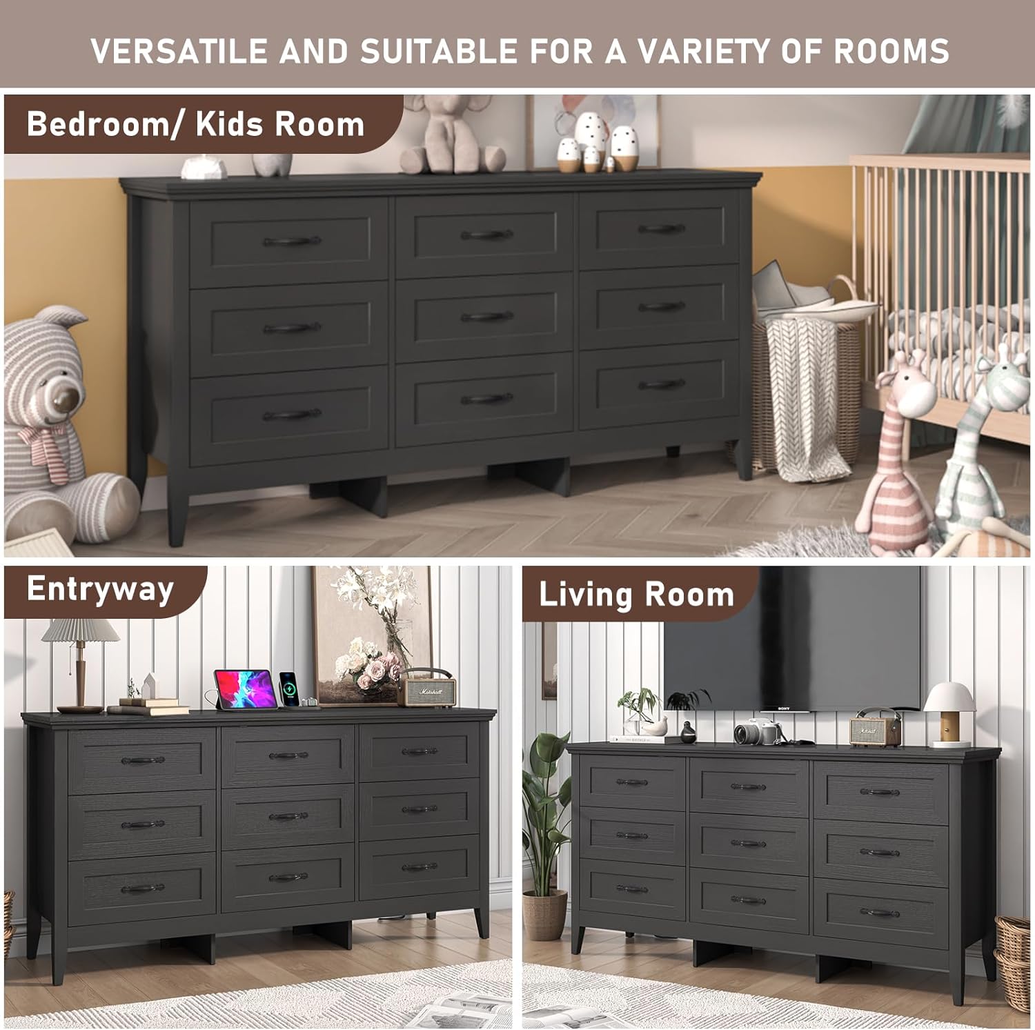 ANPOO 9 drawer dresser for Bedroom, Farmhouse Long Dresser with Charging Station and Antique Handles, Wood Chest of Drawers for Living Room, Entryway, Hallway, Hallway(Black)