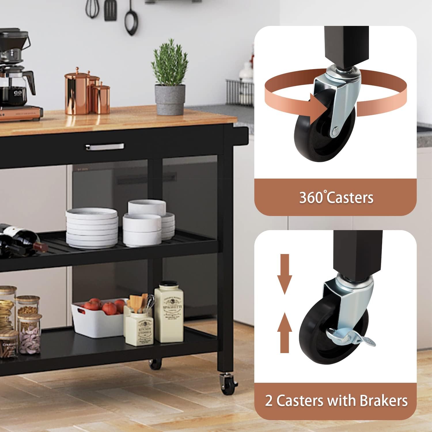 ANPOO 3 Tier Kitchen Island Carts on Wheels with Storage, Mobile Rolling Cart with Large Capacity Storage Drawers, Towel Rack, Rubber wood Top, for Kitchen and Dining Room(Black)