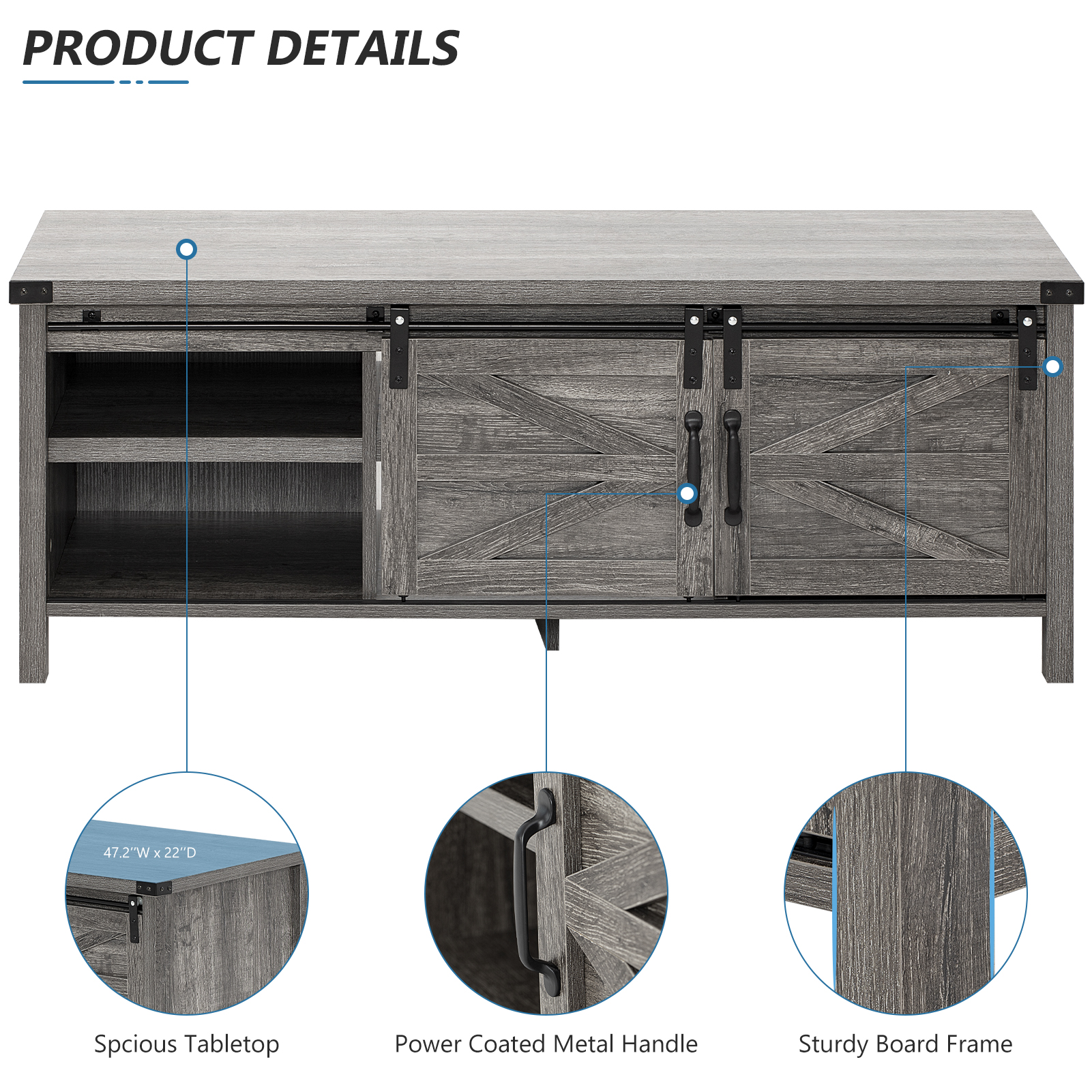 48" Modern Farmhouse Coffee Table with Adjustable Storage Cabinets Shelves, Modern Coffee Table for Living Room with Sliding Barn Door