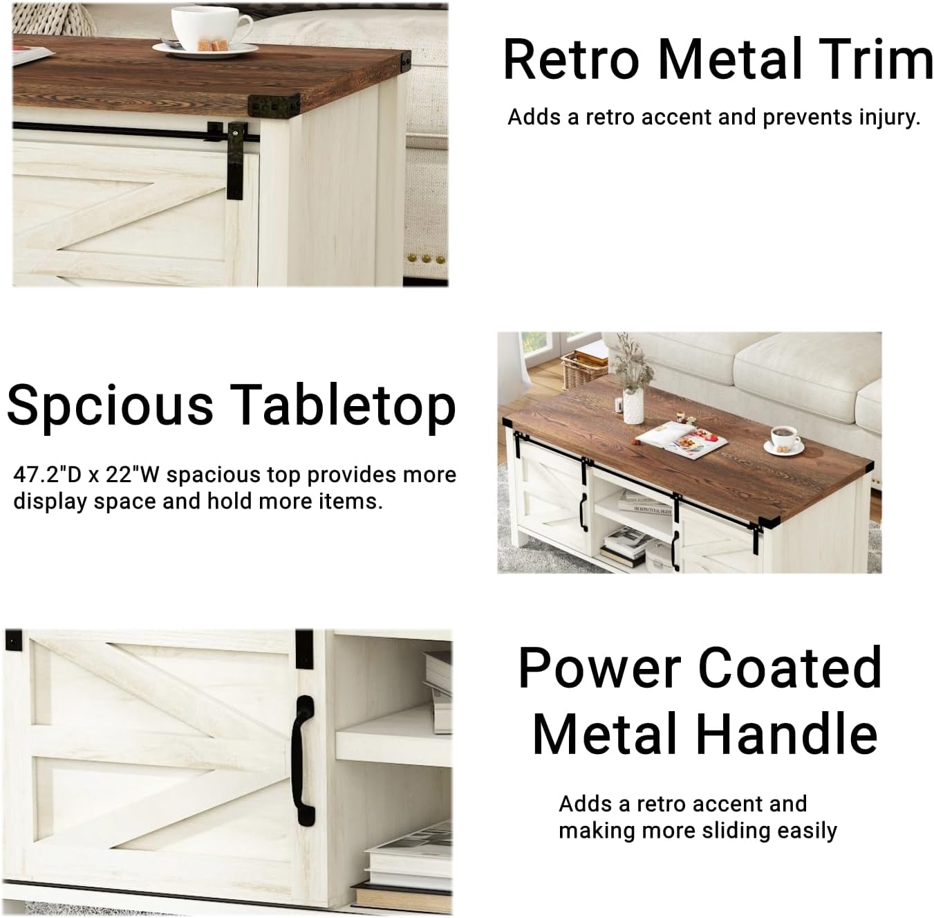 48" Modern Farmhouse Coffee Table with Adjustable Storage Cabinets Shelves, Modern Coffee Table for Living Room with Sliding Barn Door