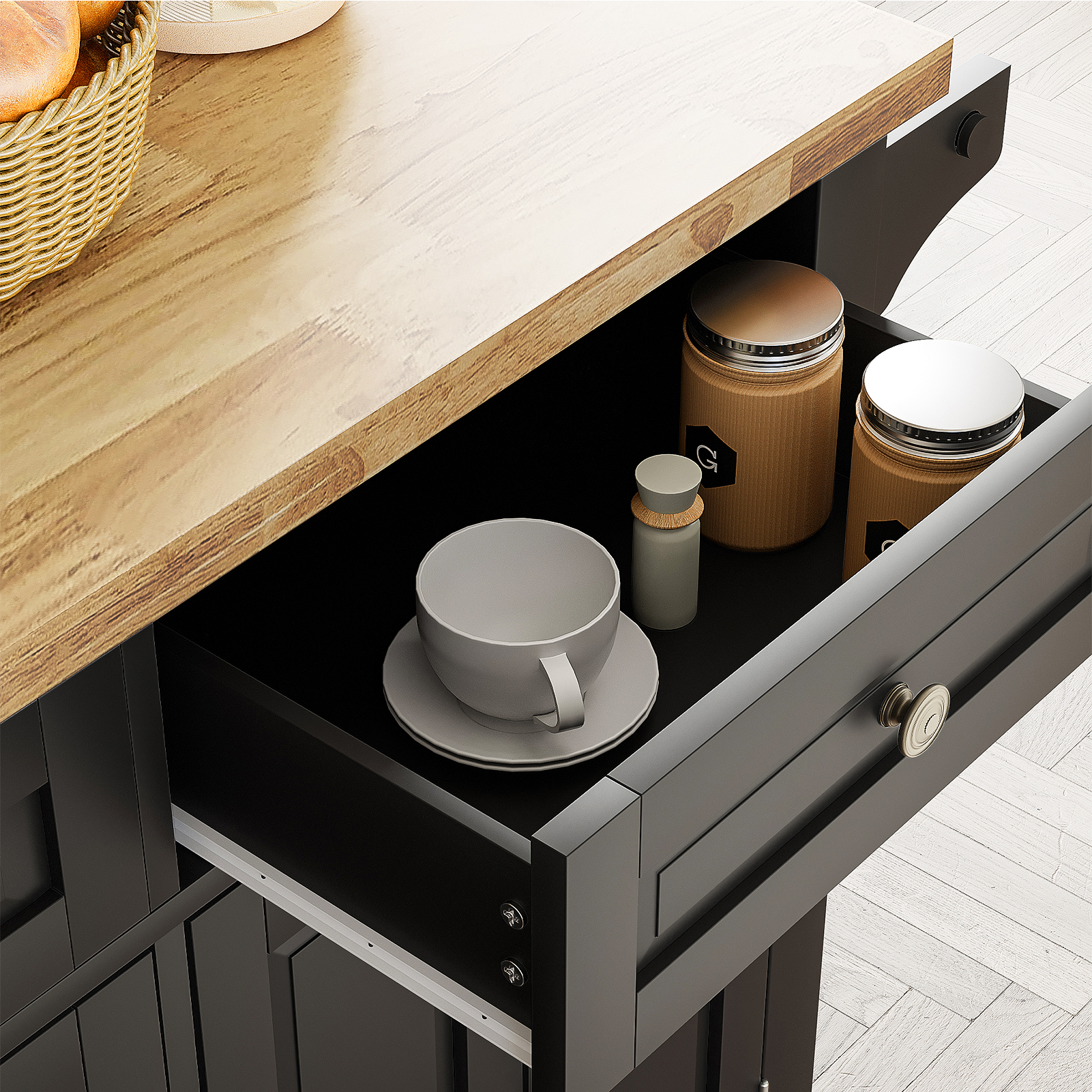 CAIDI Rolling Kitchen Island, Kitchen Cart with Rubber wood Countertop, Lockable Casters, Adjustable Shelves, Matte
