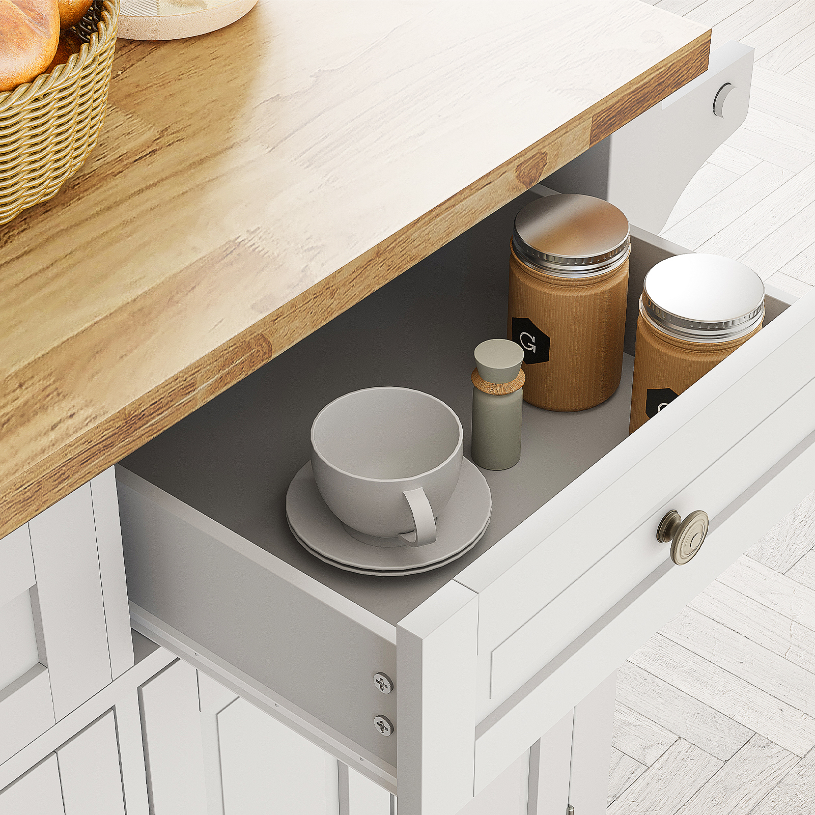 CAIDI Rolling Kitchen Island, Kitchen Cart with Rubber wood Countertop, Lockable Casters, Adjustable Shelves, Matte