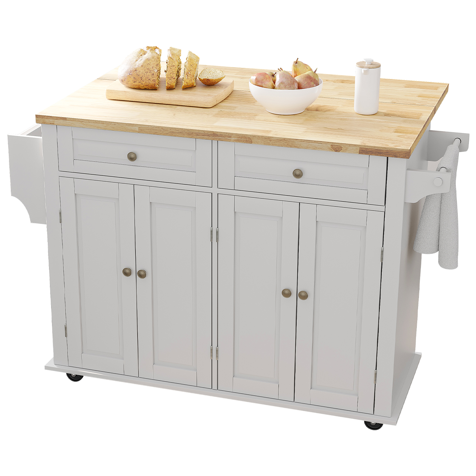 CAIDI Rolling Kitchen Island with Drop Leaf, Kitchen Cart with Rubber wood Countertop, Lockable Casters, Adjustable Shelves, Matte(Black-51.2"x29.5"x35.8")