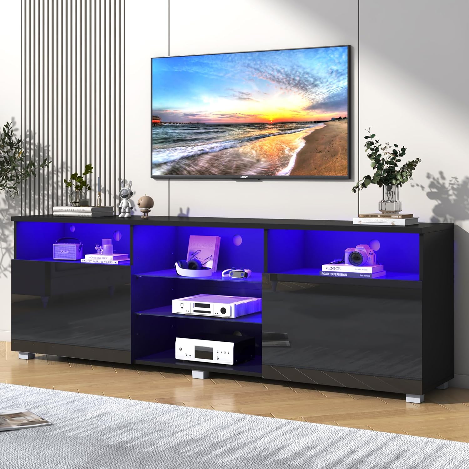 ChVans LED TV Stand for 70/75/80 inch, High Glass Modern Entertainment Center with LED Lights and Glossy Cabinets