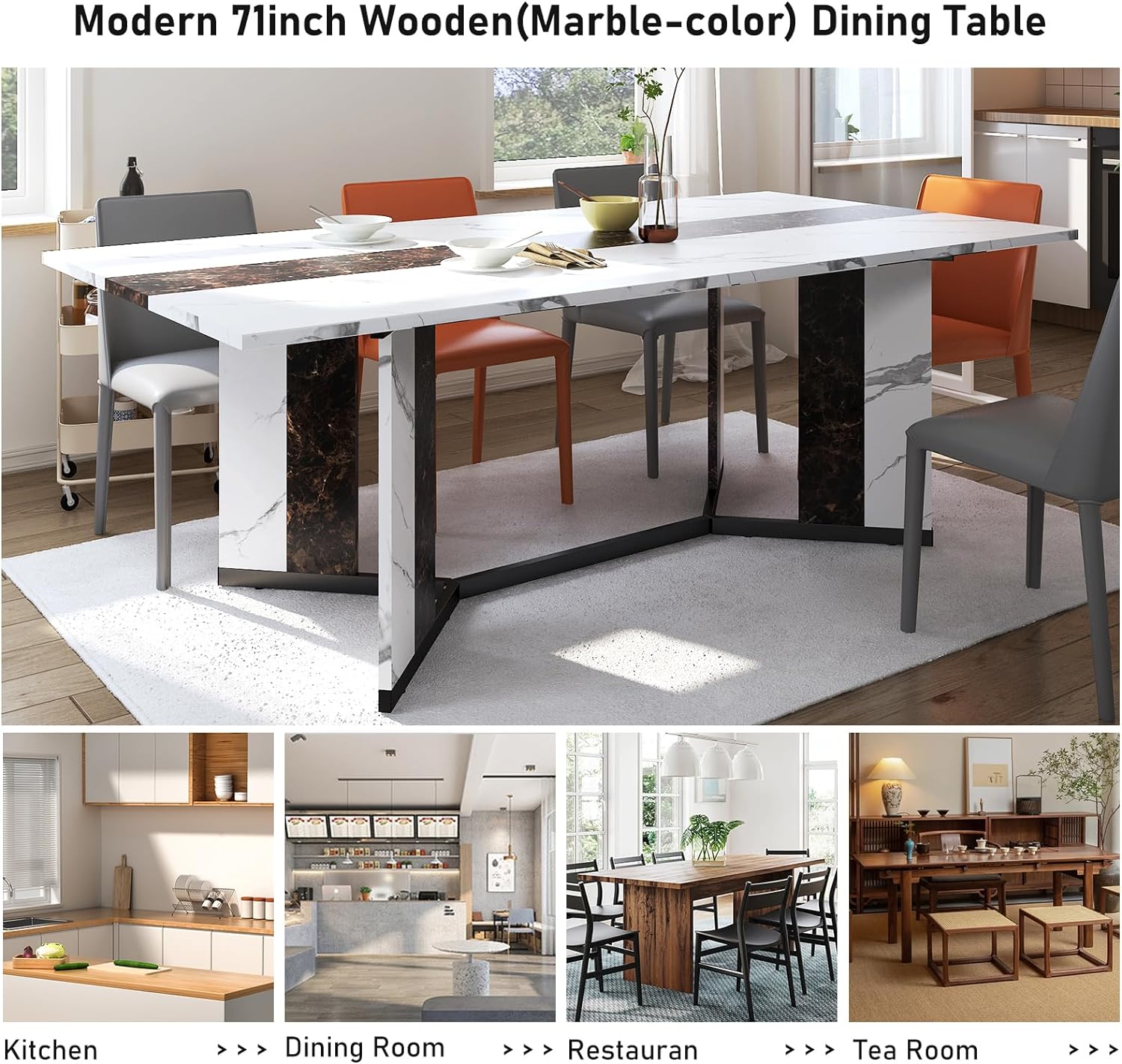 71 inch Large Rectangular Dining Table for 6-8 People, Dining Table with Marble-Color Wood Waterproof Tabletop and Adjustable Leg, 6ft Luxurious Family Dinner Table for Office Kitchen Living Room