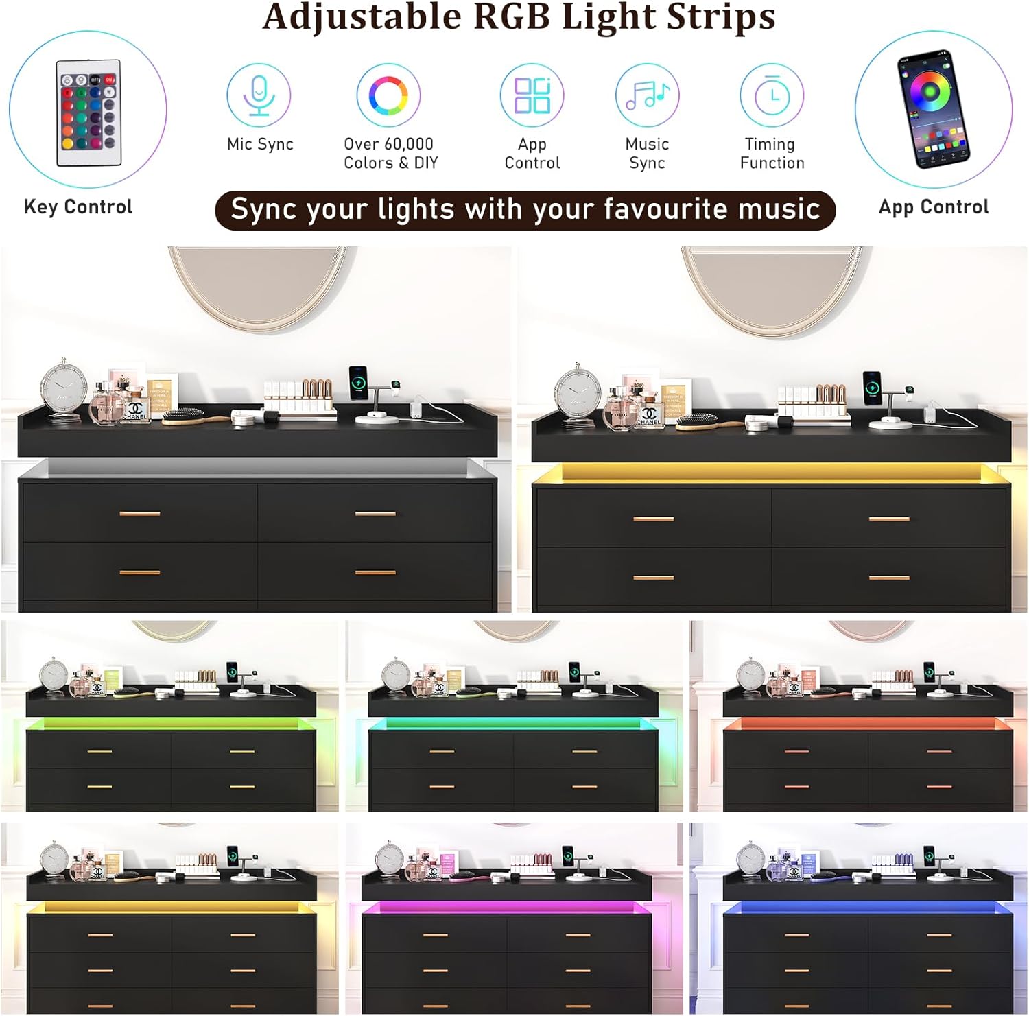 ANPOO 6 Drawer Dresser with Charging Station and LED Lights, Modern Wood Dresser with Wide Drawers and Metal Handles for Bedroom, Living Room