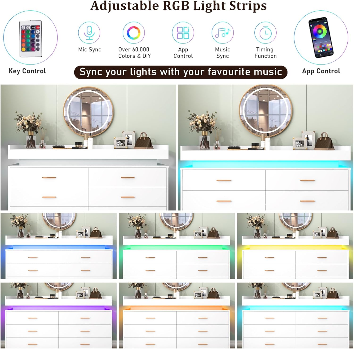 ANPOO 6 Drawer Dresser with Charging Station and LED Lights, Modern Wood Dresser with Wide Drawers and Metal Handles for Bedroom, Living Room