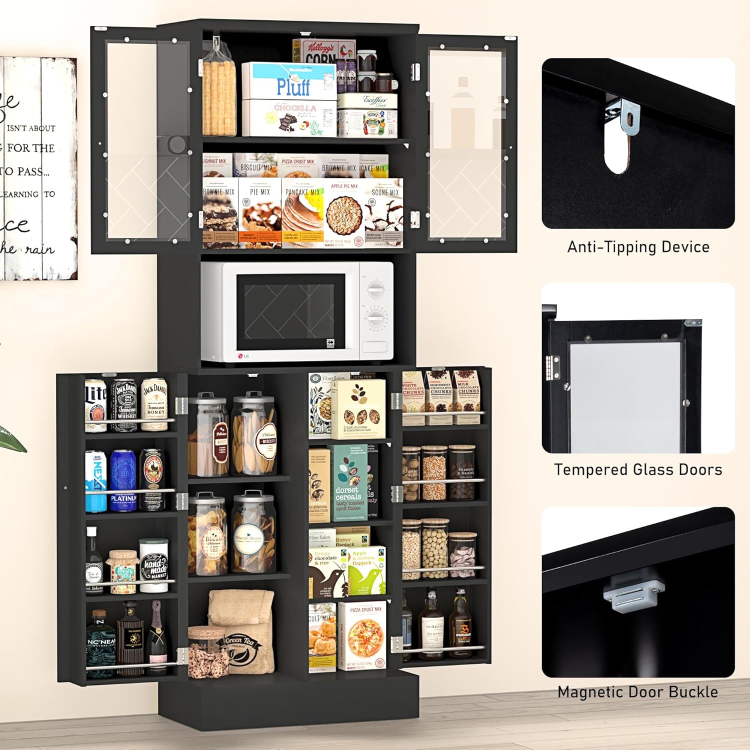 ChVans 71" Tall Pantry Cabinet, Storage Cabinet with Glass Doors and Microwave Stand, Freestanding Kitchen Hutch Food Pantry Cabinet with Adjustable Shelves for Kitchen Dining, Living Room