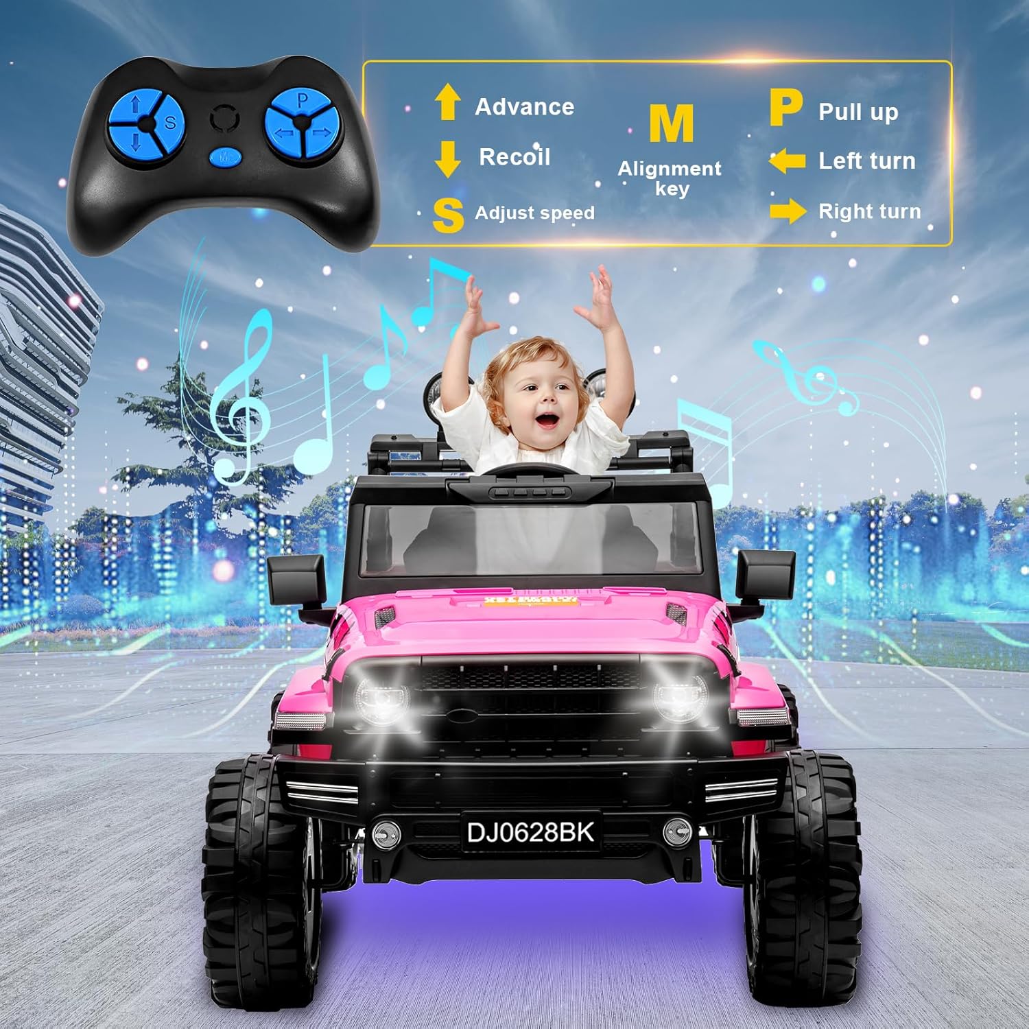 24 Volt Kids Electric Car Kids Ride On Car with Remote Control, 2-Seater Battery Powered Toy Car with LED Lights, Wheels Suspension, Music, Horn, 110 lbs Load