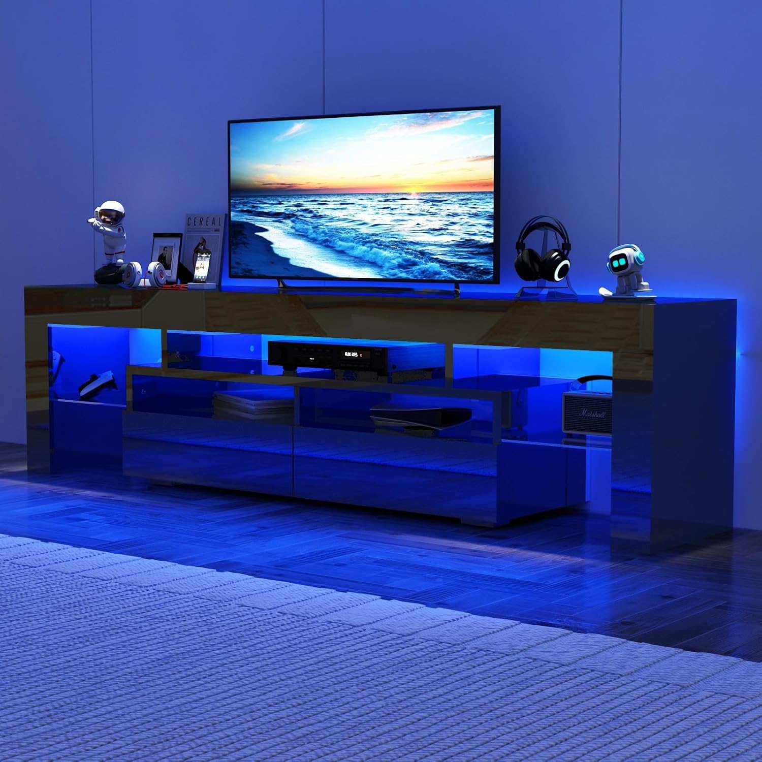 ChVans LED TV Stand for 80/90/100 inch TV, High Glossy Modern Entertainment Center with Drawer and LED Lights