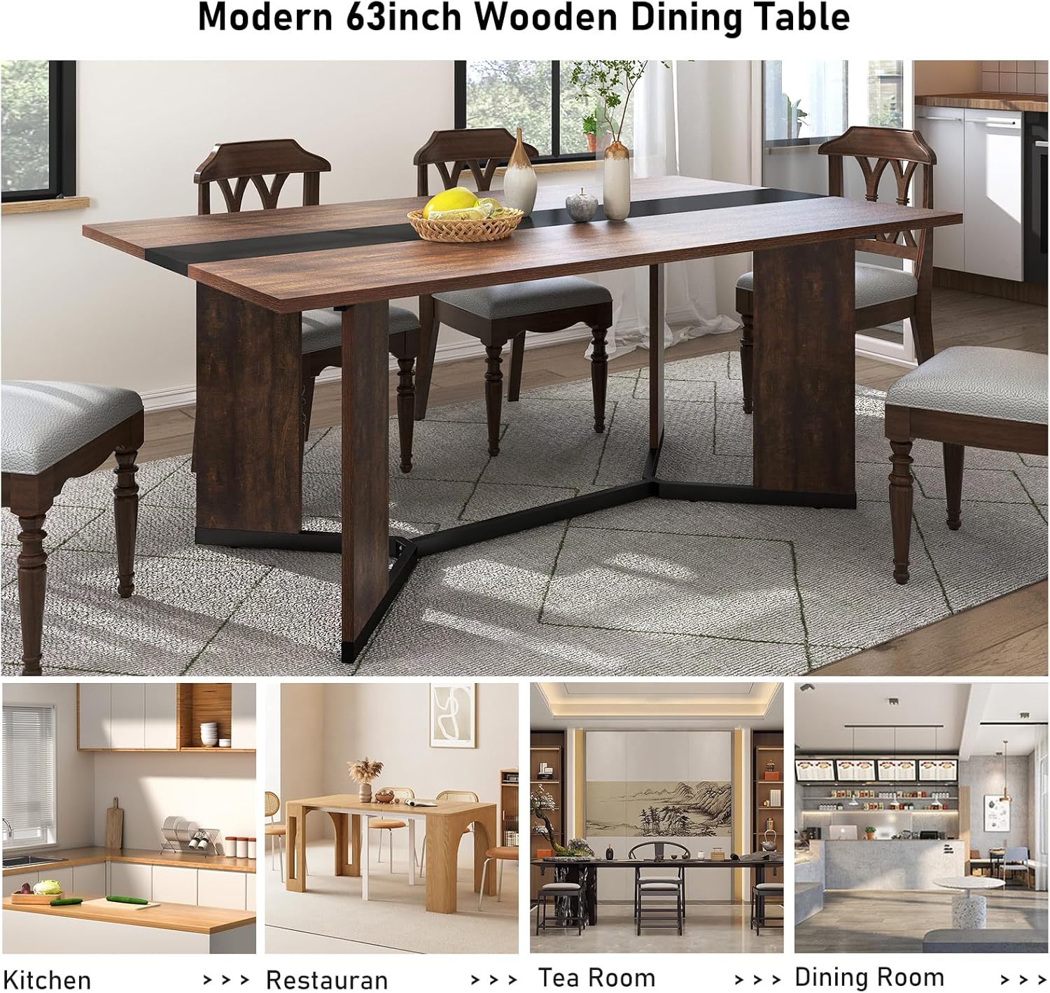 63 inch Large Rectangular Dining Table for 4-6 People, Dining Table with Marble-Color Wood Waterproof Tabletop and Adjustable Leg, Luxurious Family Dinner Table for Office Kitchen Living Room