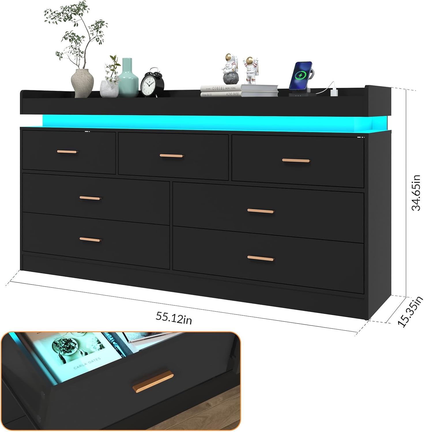 ChVans White Dresser with LED Light and Charging Station, Modern Wood Dresser with Wide Drawers and Metal Handles, 7 drawer dresser for Bedroom, Living Room, Entryway, Hallway