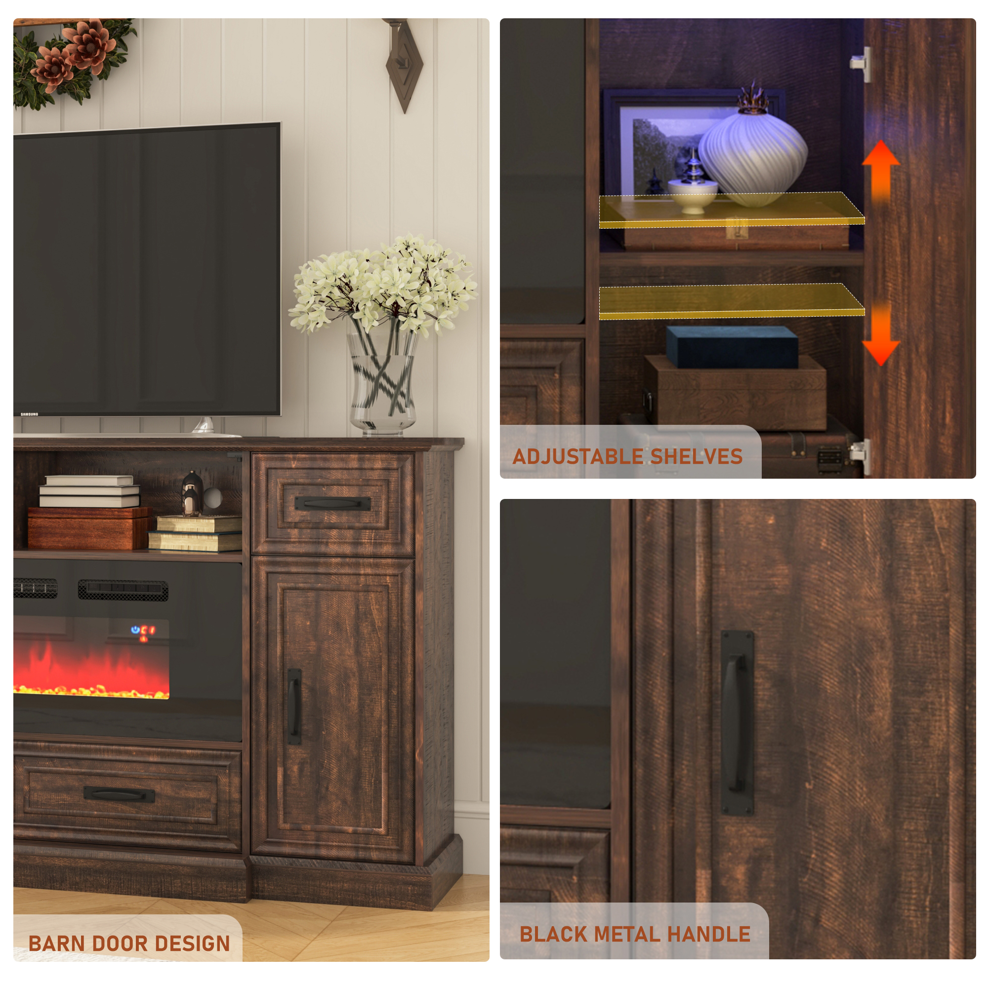 ChVans Farmhouse Fireplace TV Stand for 80" TV, Entertainment Center with 40'' Electric Fireplace & LED Lights, Modern Media Console with Storage Drawers & Cabinets & Power Outlets, Antique Brown