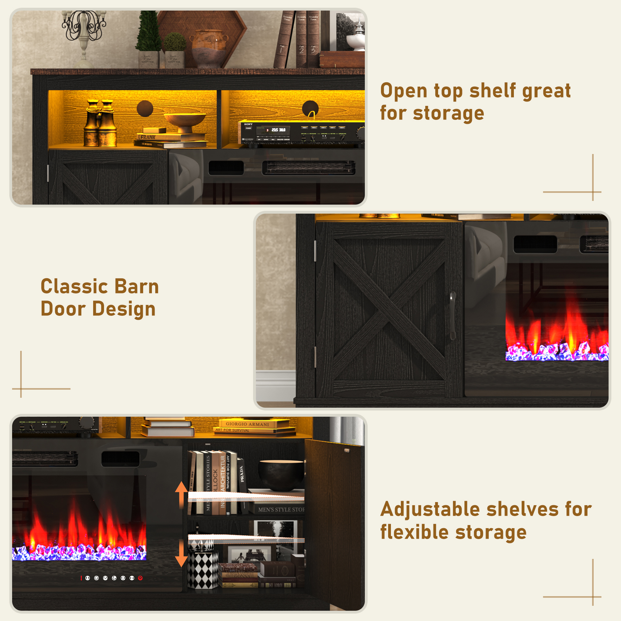 ChVans 70" Fireplace TV Stand for TVs up to 80" with 36" Electric Fireplace, Farmhouse Entertainment Center with LED, Wooden Media Console for Living Room, Bedroom(Grey)