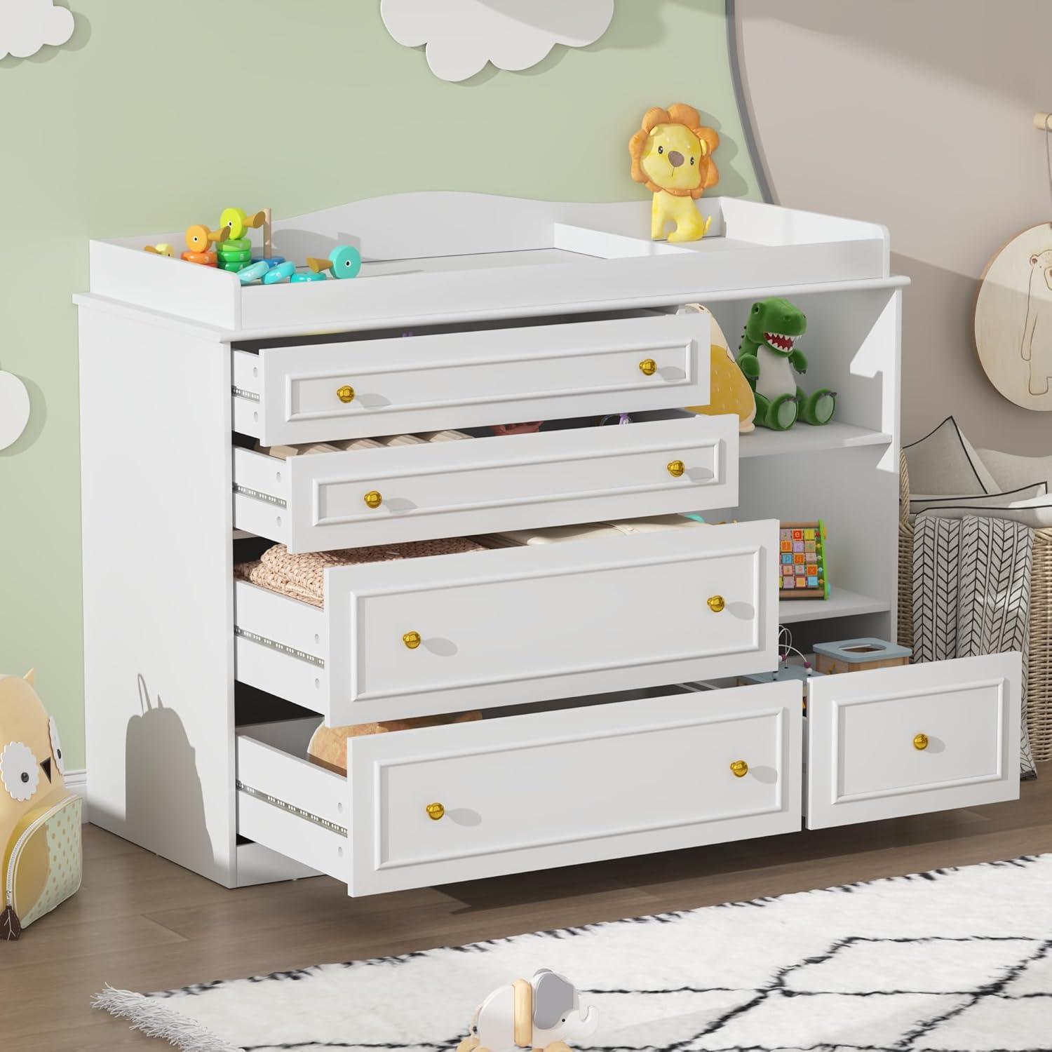 ChVans Changing Table Dresser, Baby Classic Nursery Dresser with 5 Drawers and 2 Shelves, Wood Chest of Drawers Nursery Storage Kids Organizer