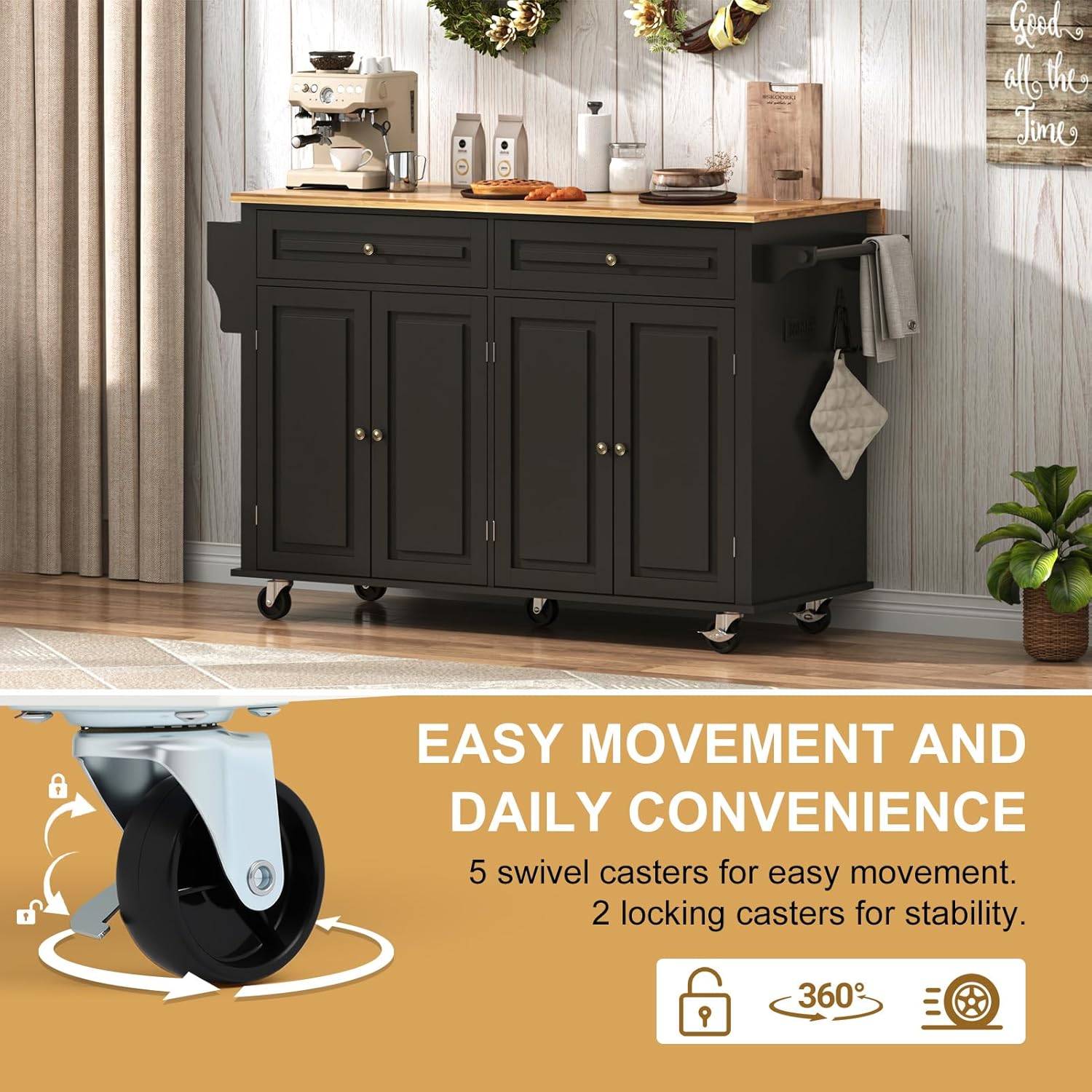 ChVans 59" W Kitchen Island with Drop Leaf, Rolling Kitchen Cart with Storage on Wheels, Large Island Table for Kitchen with Rubber Wood Top and Rack and Drawer