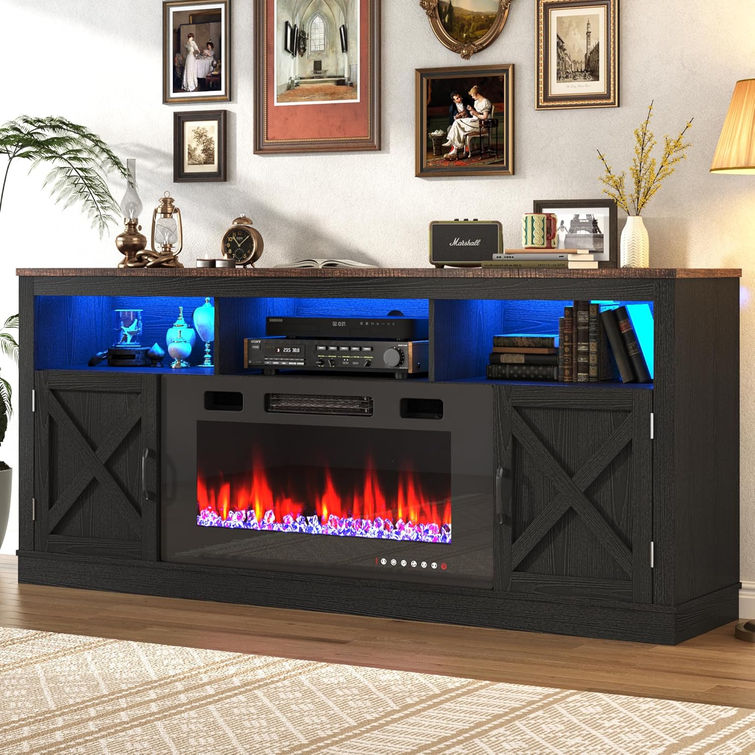 Fireplace TV Stand for 70/75/80 Inch TV with 36" Electric Fireplace, 70" Farmhouse Entertainment Center with LED Lights, Tall Media Console with Barn Door for Living Room, Bedroom