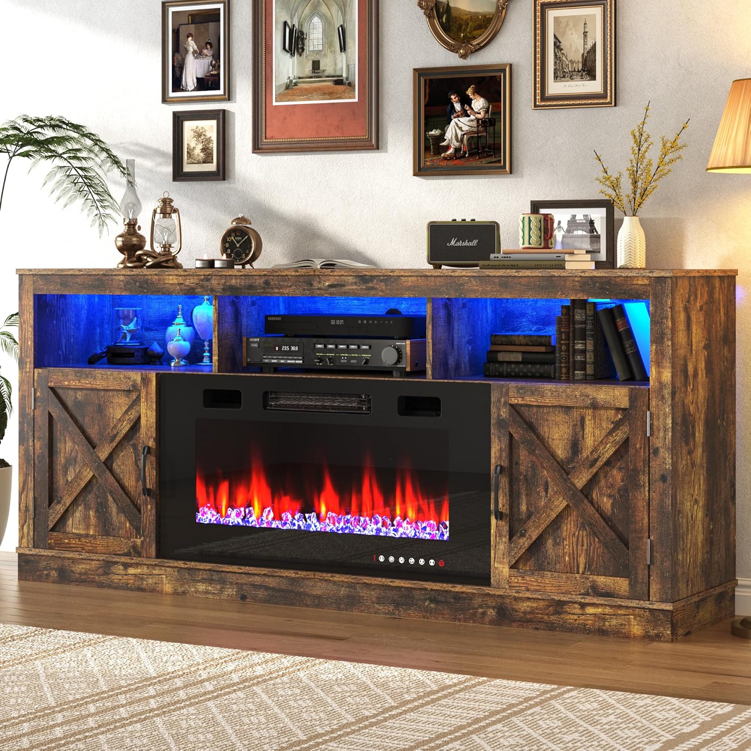 Fireplace TV Stand for 70/75/80 Inch TV with 36" Electric Fireplace, 70" Farmhouse Entertainment Center with LED Lights, Tall Media Console with Barn Door for Living Room, Bedroom