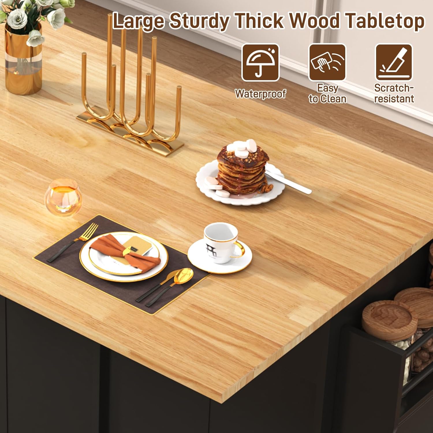 ANPOO 67" Rolling Kitchen Island with Drop Leaf, Tilt Out Kitchen Trash Cabinet 10 Gallon Storage, Kitchen Cart Island with Rubber wood Top, Spice Rack and Drawers