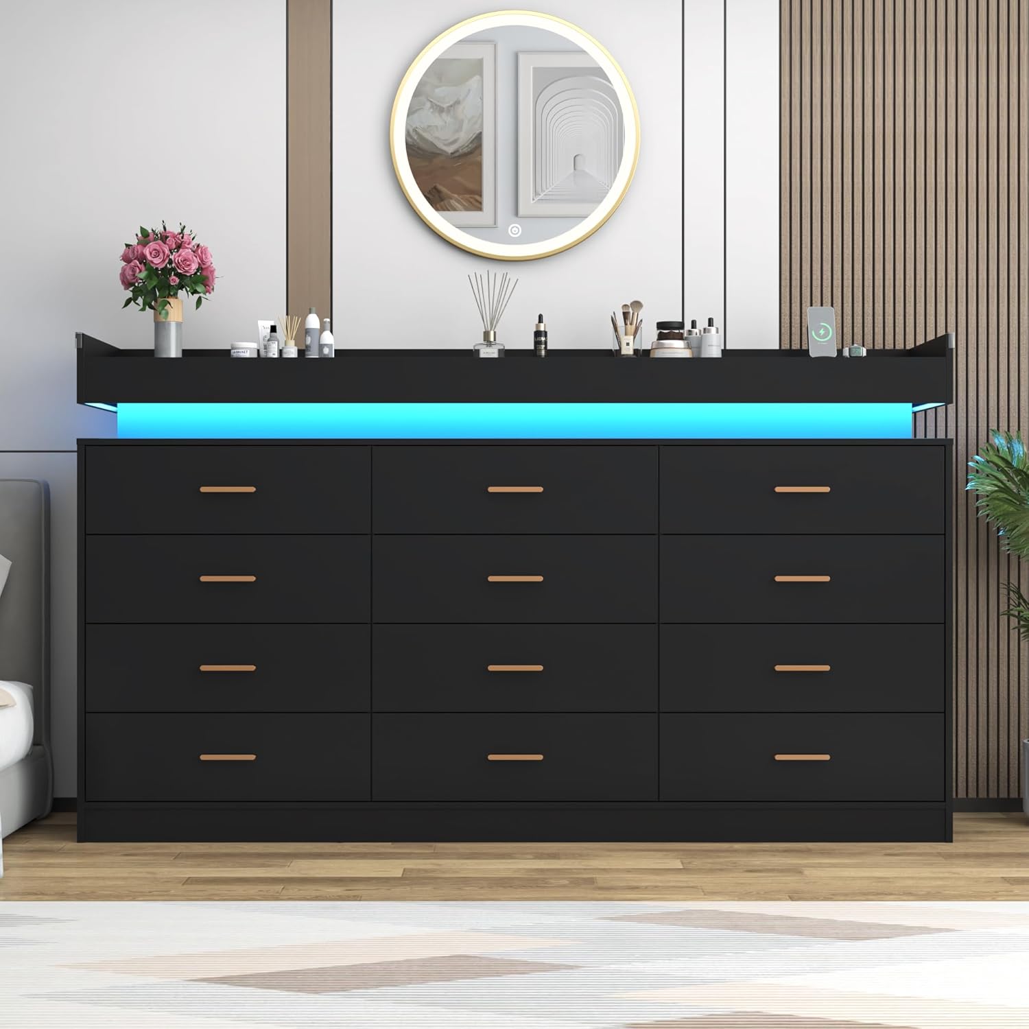 ChVans 12 Drawer Dresser with LED Lights and Charging Station, 70" Wide wood Chest of Drawers and Metal Handles, 45.7" Tall drawers dresser for bedroom, Living Room, Entryway, Hallway